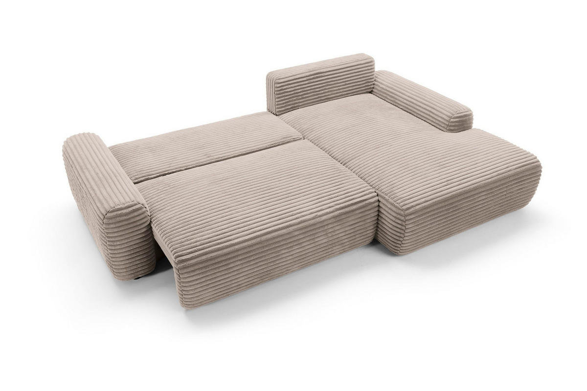 ECKSOFA OSSO Beige Velours-Stoff mit Schlaffunktion - Beige, Holz (264/162cm) - MASSENO
