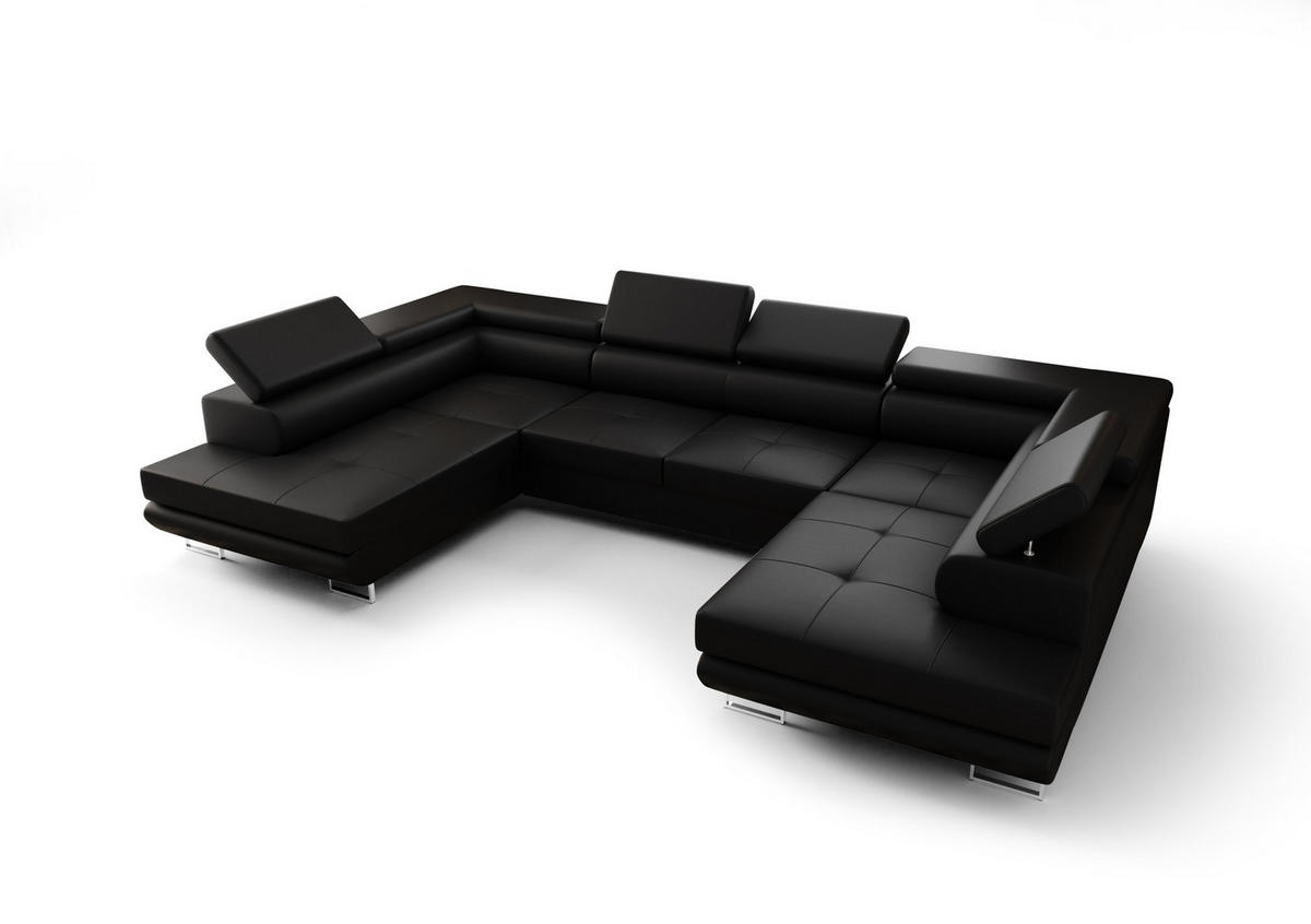 WOHNLANDSCHAFT PRAGA DESIGN U, Eckcouch in U-Form mit Schlaffunktion, Farbe: Schwarz, Kunstleder, Ottomane Universal - Schwarz, Textil (342/89/202cm) - O-Sofa