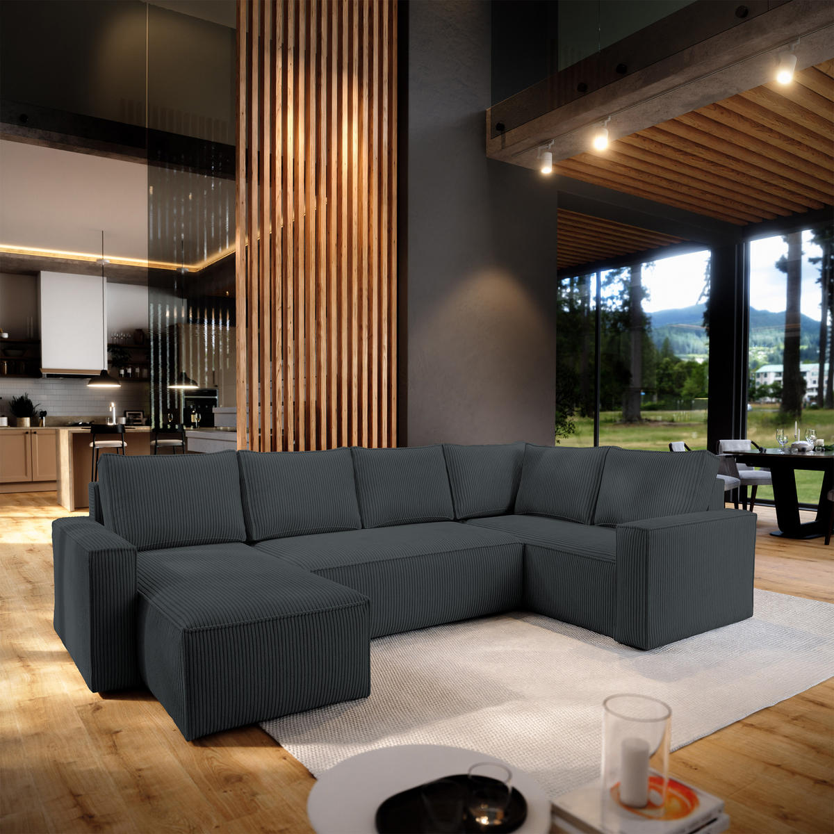 WOHNLANDSCHAFT NORENA R-S Graphitfarben Kordstoff mit Schlaffunktion - Graphitfarben, Holz (295/85/157.5cm) - MASSENO