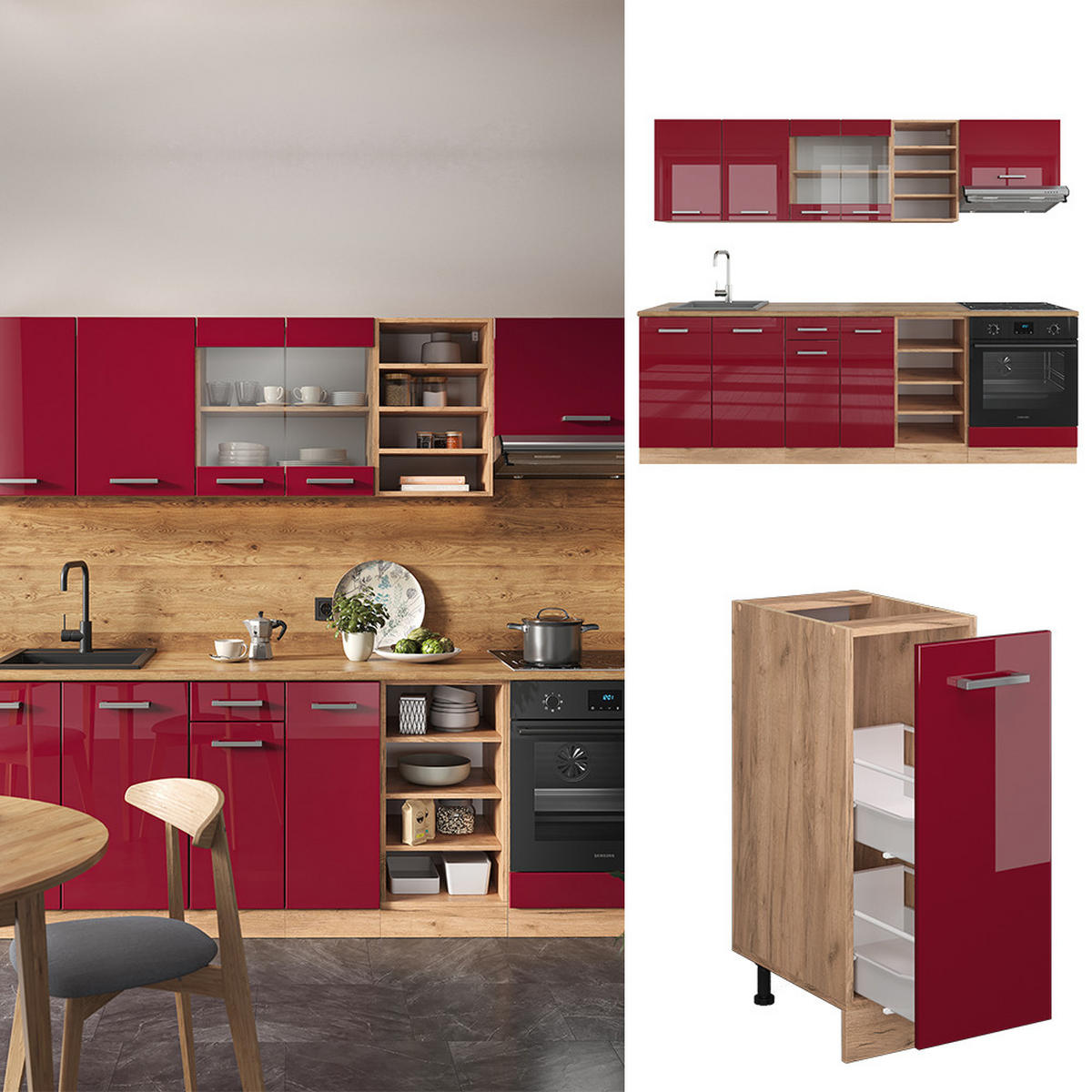 KÜCHENZEILE R-Line Bordeaux Hochglanz/Goldkraft Eiche 240 cm, AP Eiche - Bordeaux/Eiche Wotan, Holzwerkstoff (240/81.6/60cm) - Vicco