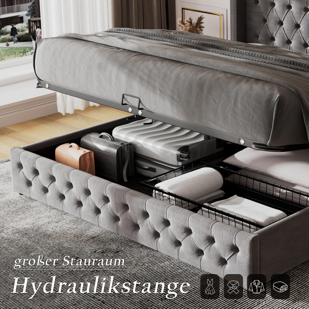 POLSTERBETT 140/200 cm Grau Samt mit hydraulischem Bettkasten und Kopfteil 94,5 cm - Grau, Holzwerkstoff (140/200cm) - OKWISH