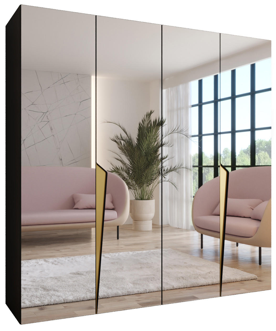 Abiks Möbel Drehtürenschrank Schwarz, Gold 200x202x52 cm
