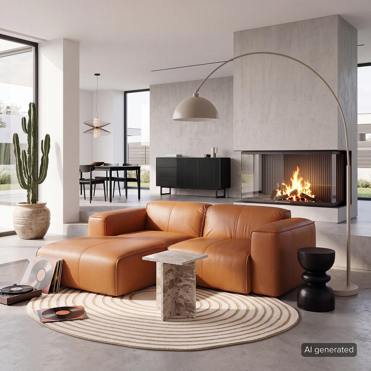 ECKSOFA mit XL-Longchair - Cognac/Schwarz, Leder/Kunststoff (260/171cm) - home24