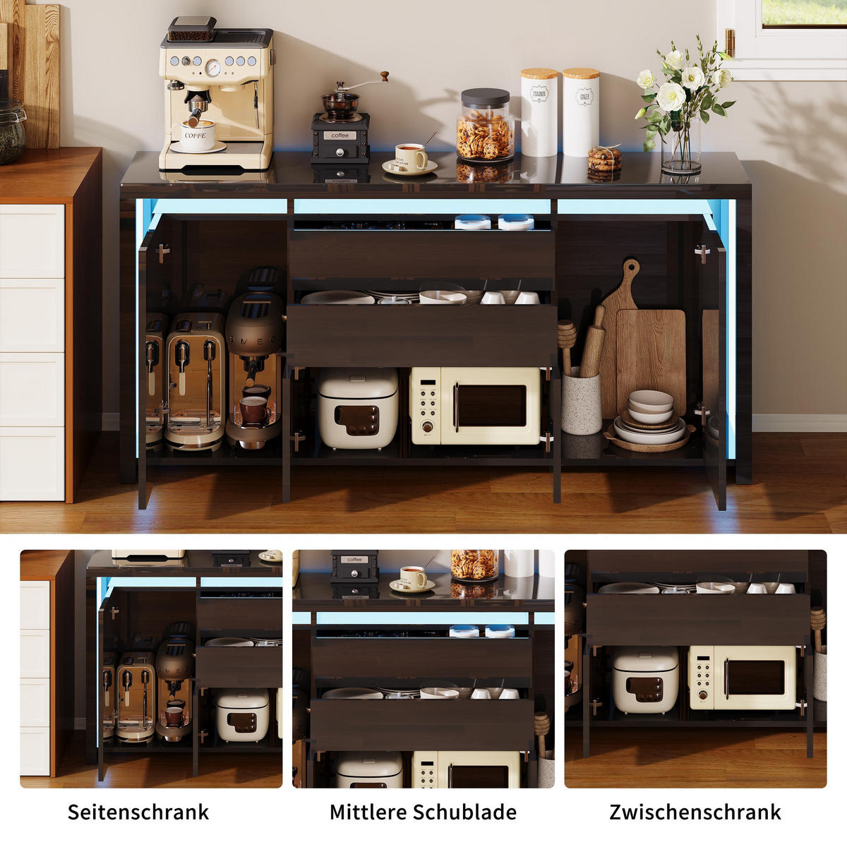 SIDEBOARD 160 cm Hochglanz mit LED, 4 Türen und 2 Schubladen, Küchenschrank mit Stauraum, Schwarz - Schwarz, Holzwerkstoff (160/35/75cm) - Waldena
