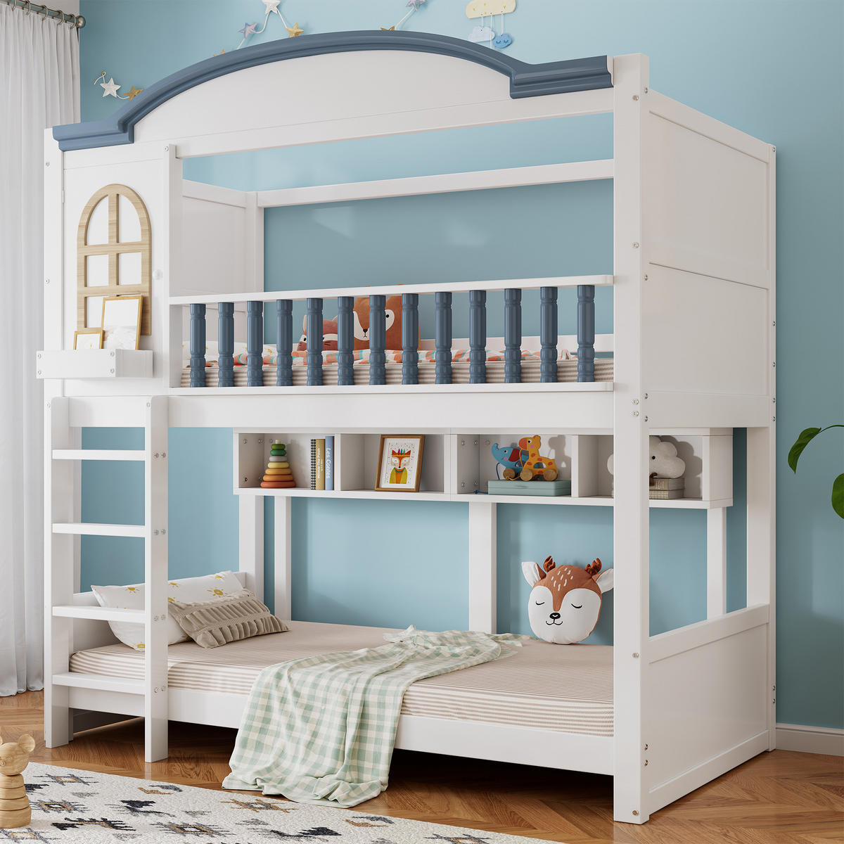 HAUSBETT 90x200cm mit vierstufiger Leiter in Weiß+Blau - Weiß, Holz (90/200cm) - KOMHTOM