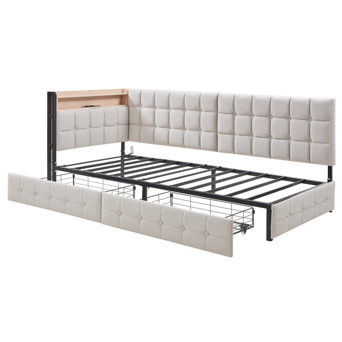 POLSTERBETT mit LED-Beleuchtung 90/200 cm mit 2 Schubladen und USB-/Typ-C-Anschluss - Beige, Textil (90/200cm) - BEAOK