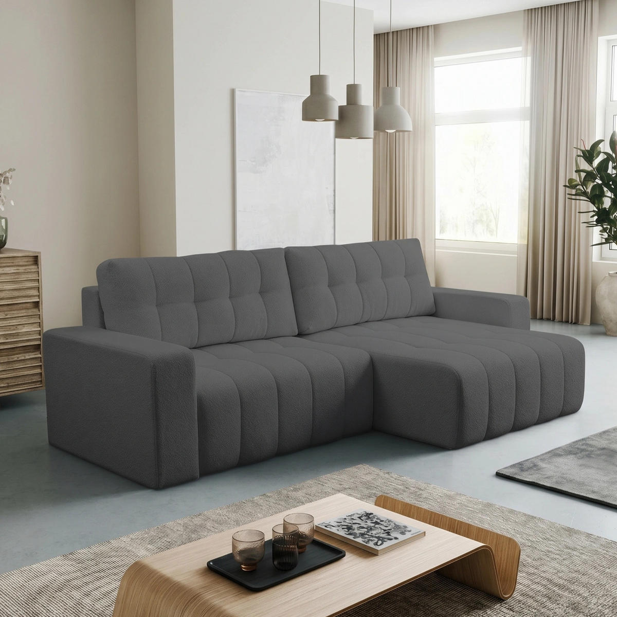 ECKSOFA Palermo mit Schlaffunktion und Bettkasten - Dunkelgrau, Holz/Holzwerkstoff (245/143cm) - Ravio