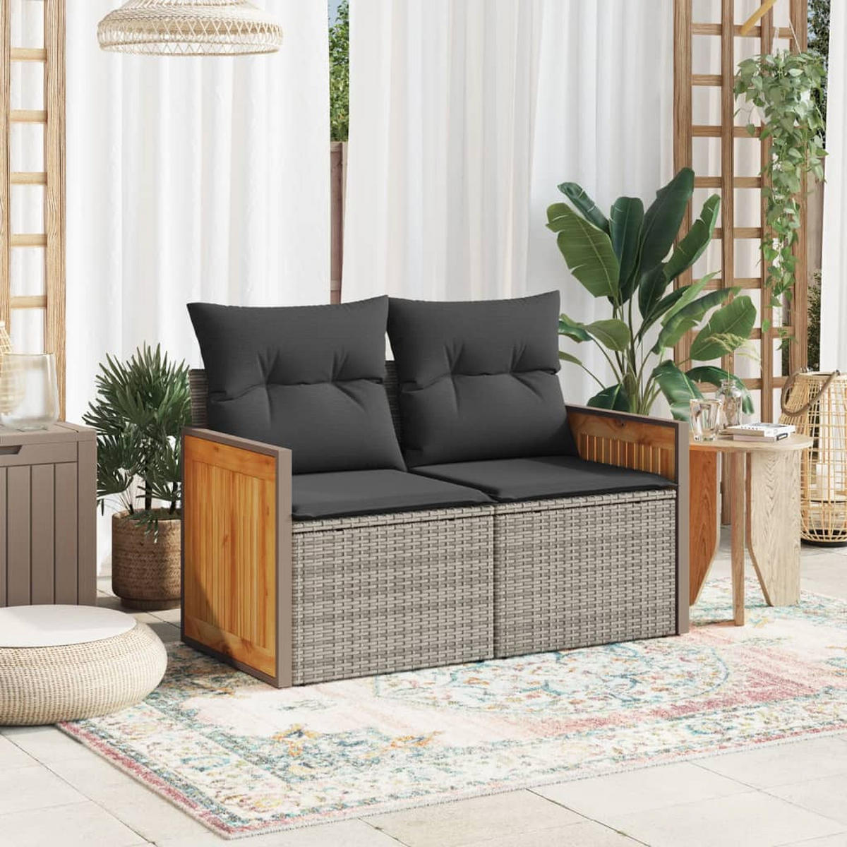 GARTENSOFA 2-Sitzer Mit Kissen Grau Poly Rattan - Grau, Kunststoff (118/69/62cm) - vidaXL