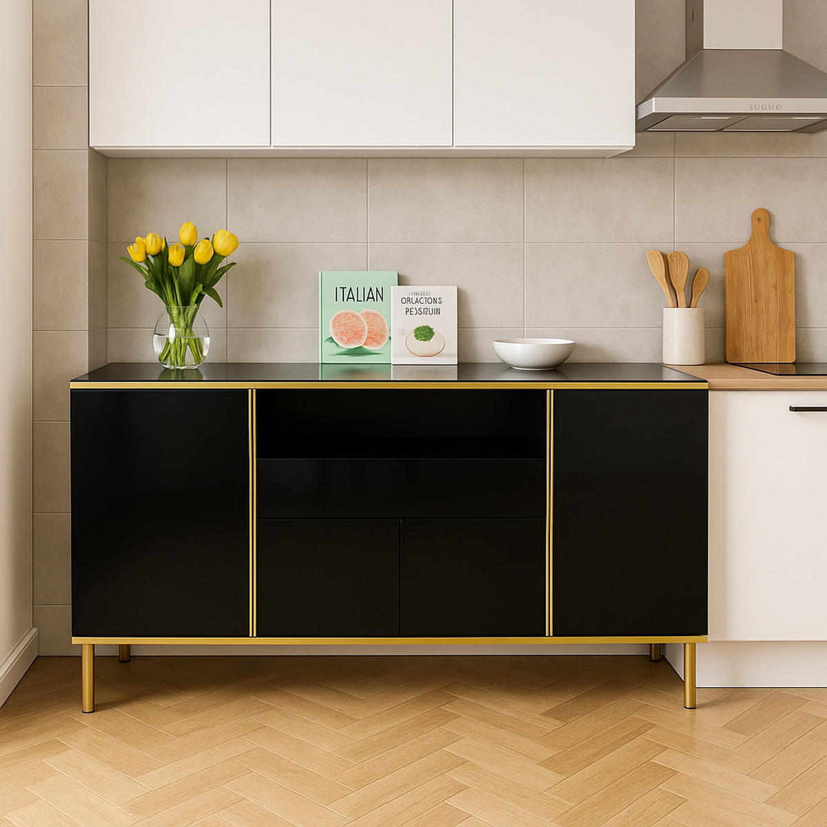 BUFFETSCHRANK mit LED-Beleuchtung und goldenen Akzenten - Weiß, Holzwerkstoff (150/80/40cm) - Urban Meuble