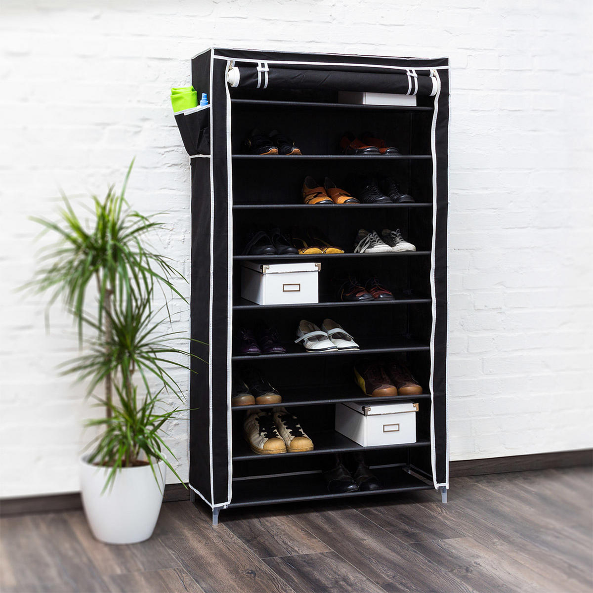 SCHUHSCHRANK - Schwarz, Kunststoff/Textil (88/161/30cm) - Relaxdays