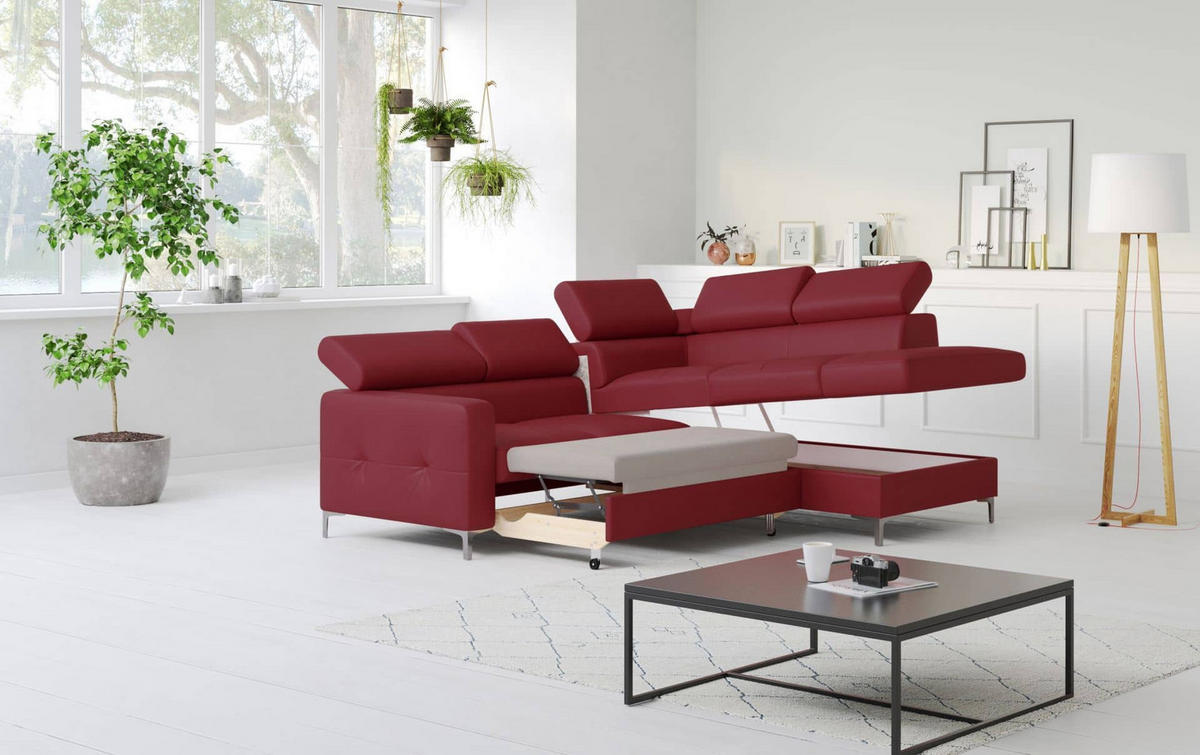 ECKSCHLAFSOFA aus Echtleder mit Schlaffunktion und Bettkasten - Chromfarben/Rot, Leder/Holz (207/242cm) - Cotta
