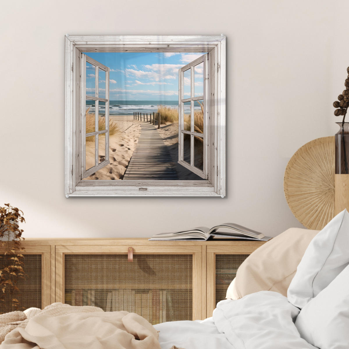 ACRYLGLASBILD Fenster - Meer - Küste - Natur - Ausblick - Strand - Wattenmeer 50x50 cm - Beige, Glas (50/50cm) - MuchoWow