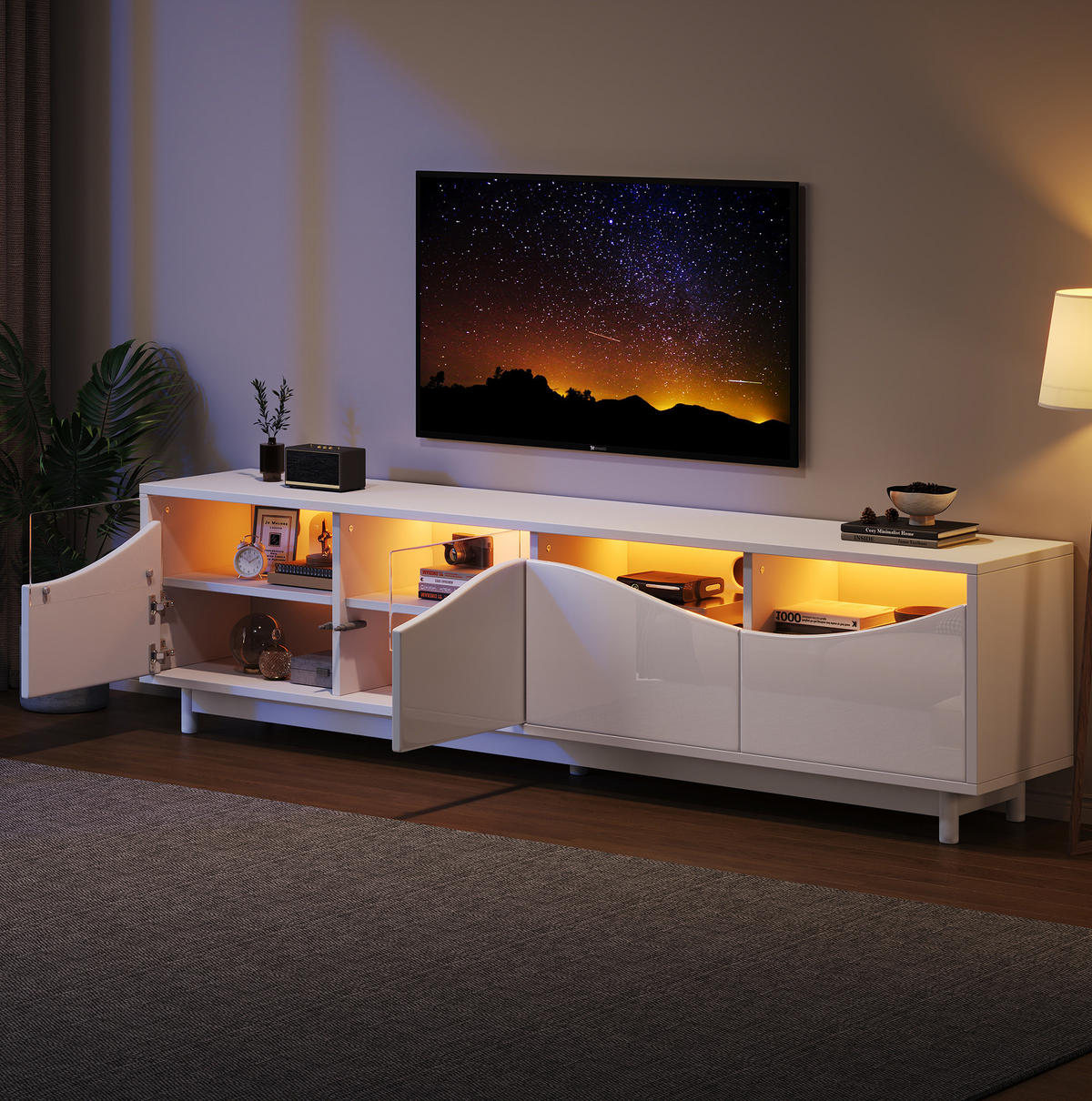 TV-LOWBOARD 175/38/51 cm mit LED-Beleuchtung, Push-to-Open und gehärtetem Glas, MDF Hochglanz, Weiß - Weiß, Holzwerkstoff (175/51/38cm) - Redom