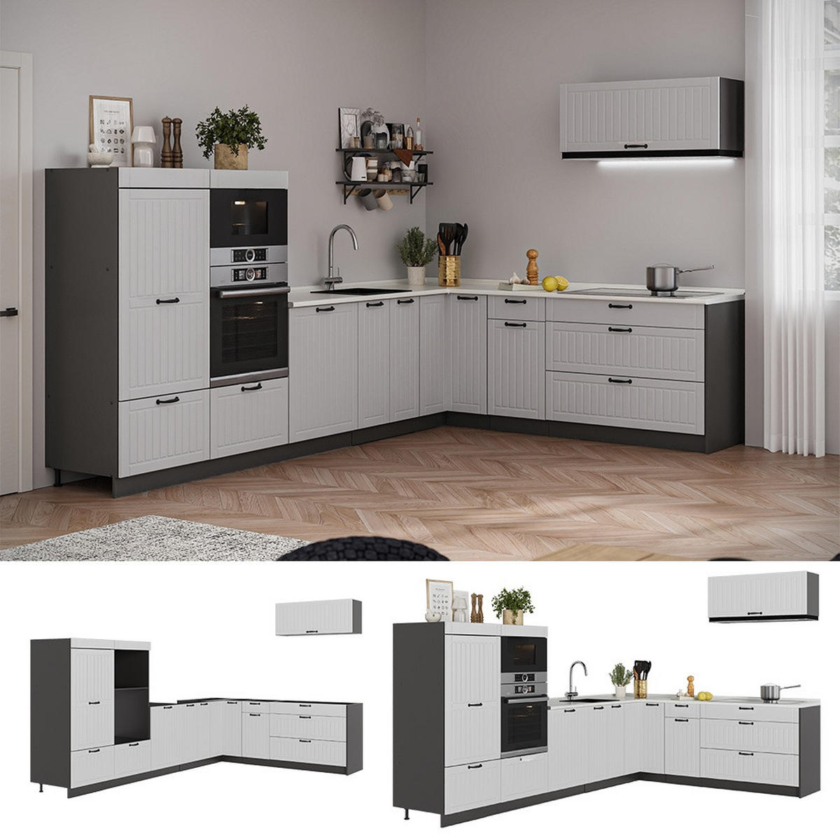 KUHINJA U OBLIKU SLOVA L Fame-Line, Bijela Seoska/Antracit, 327 x 227 cm, RP Hrast - bijela/antracit, drvni materijal (327/153.6/60cm) - Vicco