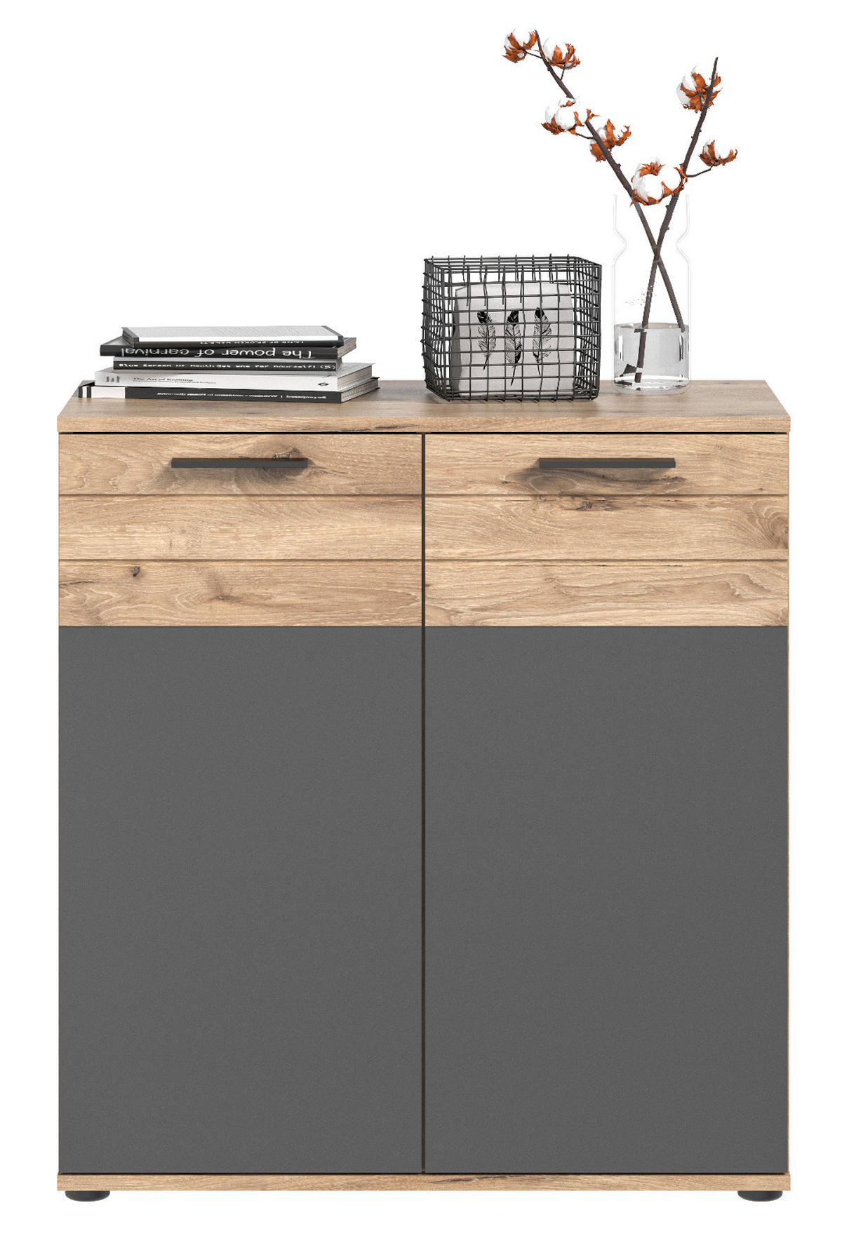 KOMMODE Eiche, grau 80 cm, Sideboard mit Soft-Close, Wohn- und Esszimmermöbel - Eichefarben/Schwarz, Holzwerkstoff/Kunststoff (80/87/40cm) - Inn.Furn