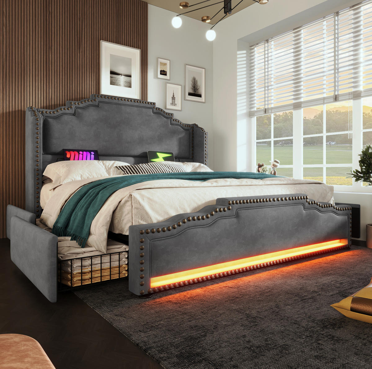 BETT mit Matratze, 4 Schubladen, LED & USB-C 140x200 cm Samt Grau - Grau, Metall (140/200cm) - Meubliv