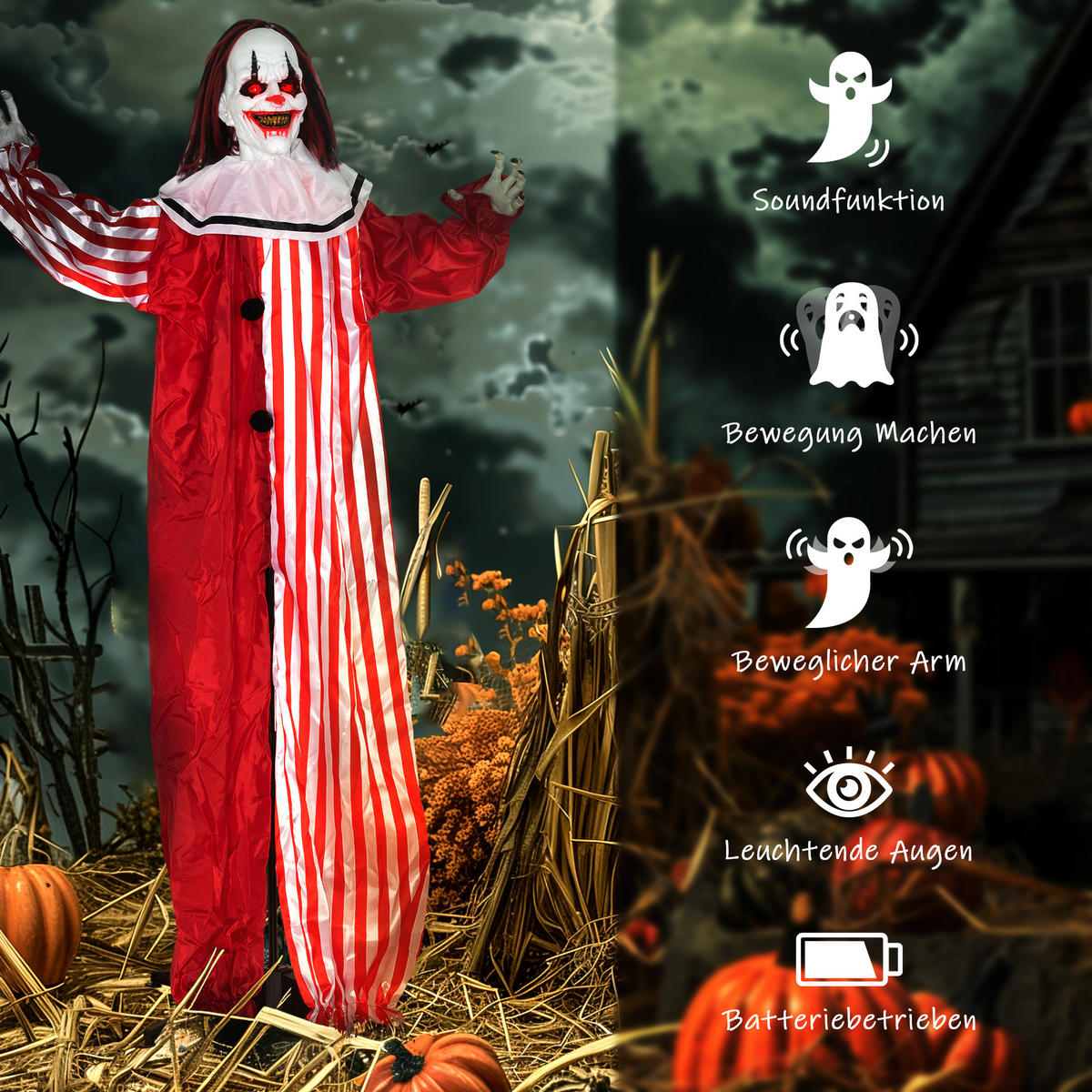 HALLOWEEN-DEKORATION Clown 165 cm mit LED-Lichter, Soundfunktion - Rot, Textil (16/165/70cm) - Outsunny