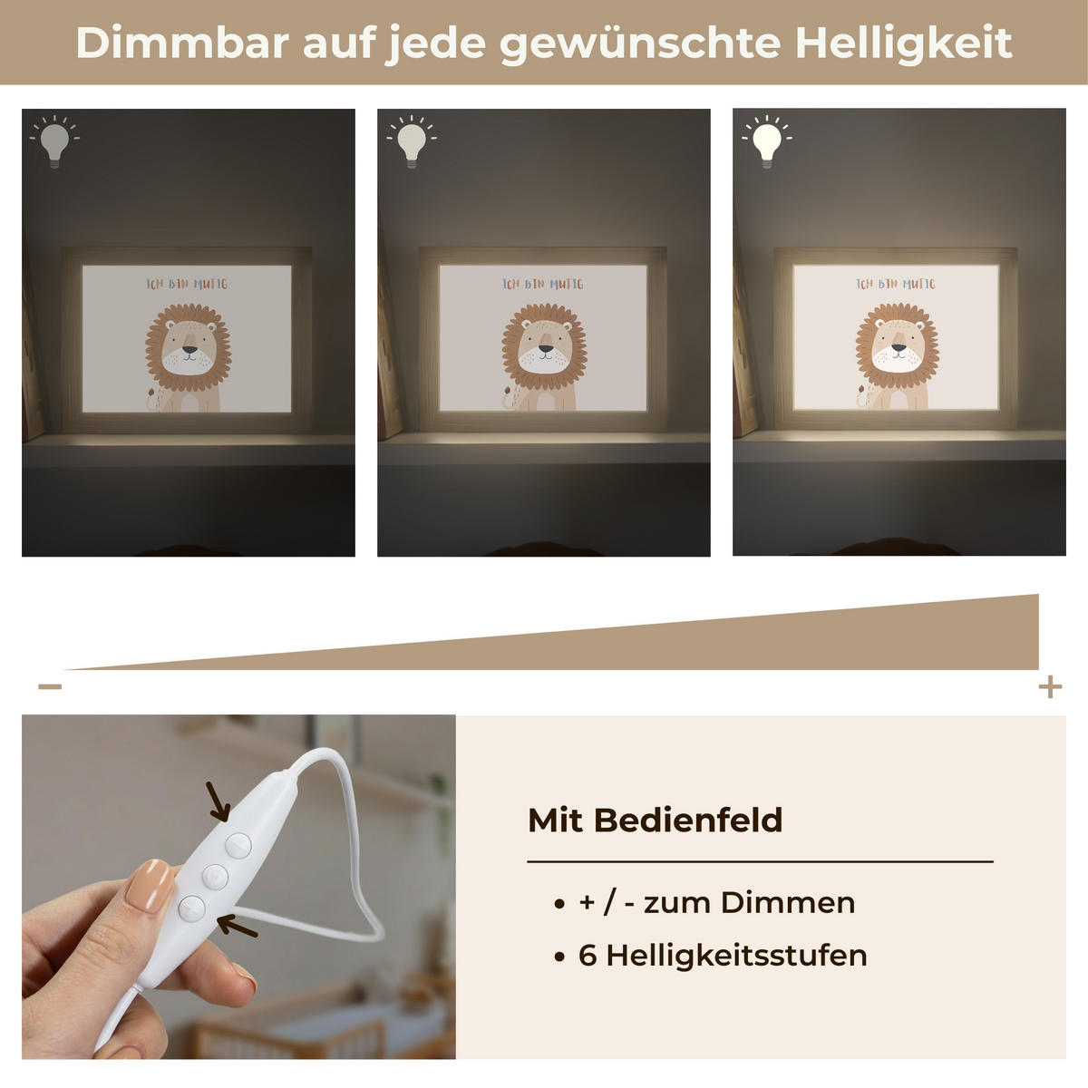 NACHTTISCHLAMPE Löwe - Beige - Tier - Mutig - Zitat 20x15 cm - Beige, Holzwerkstoff (8/20/15cm)