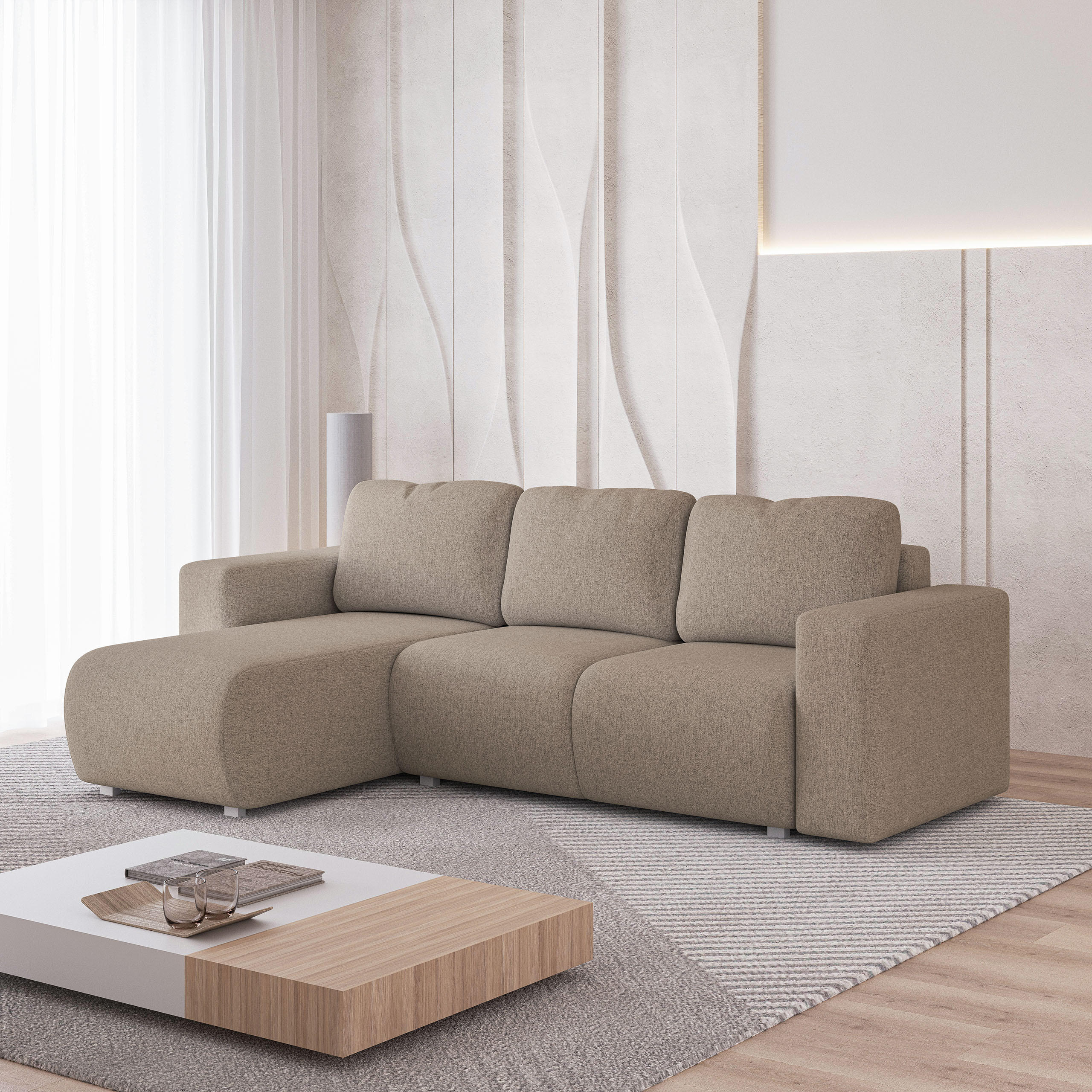 ECKSOFA RINOVA Beige Geflochtener Stoff mit Schlaffunktion - Beige, Holz (250/143cm) - MASSENO