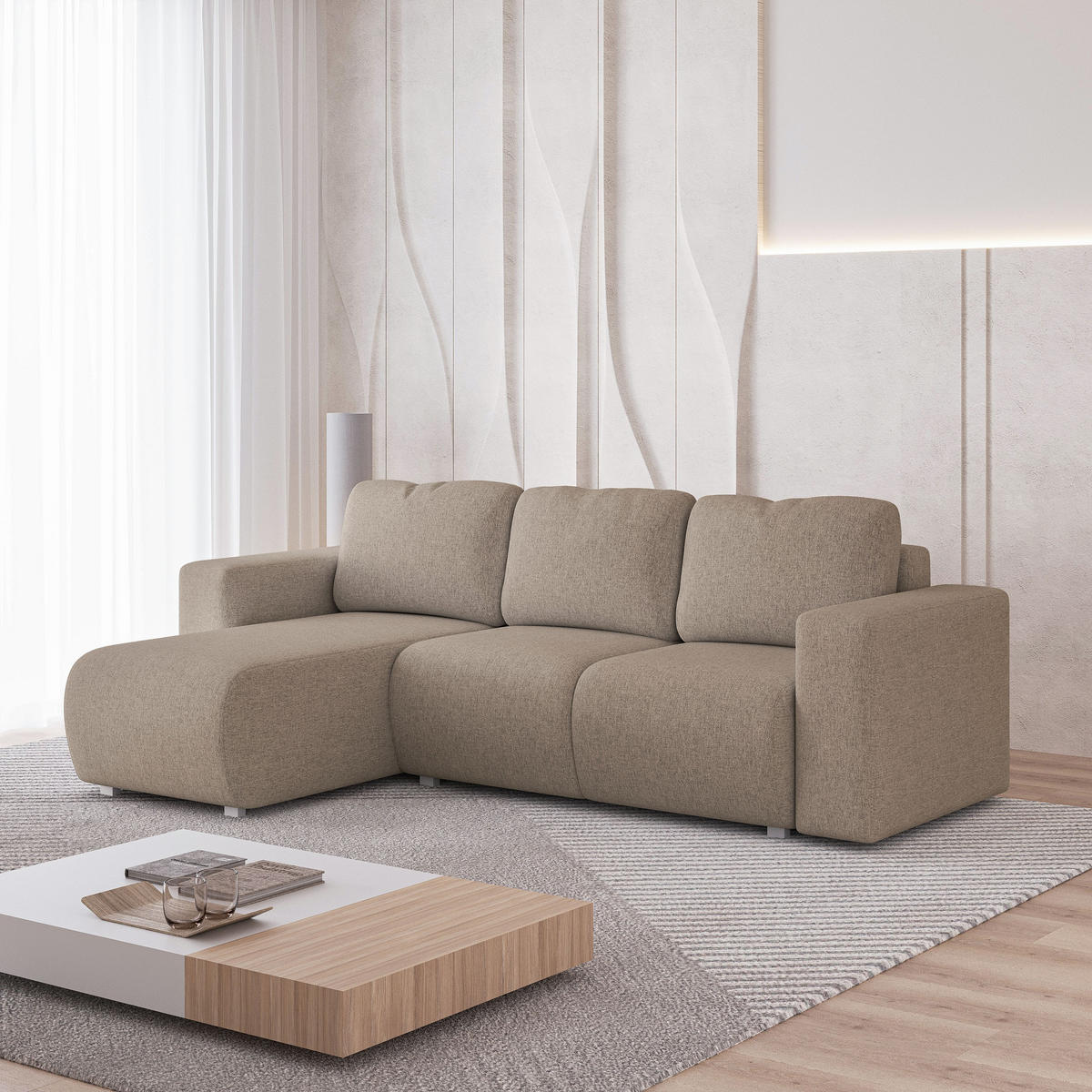 ECKSOFA RINOVA Beige Geflochtener Stoff mit Schlaffunktion - Beige, Holz (250/143cm) - MASSENO