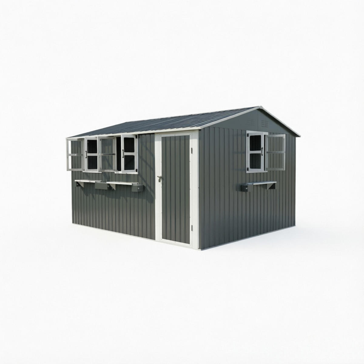 GERÄTEHAUS 359.4/284.2/206.9 cm Grau mit 3 öffenbaren Fenstern, abschließbaren Doppeltüren und Blumenregal (10,21 m²) - Grau, Metall (303.8/204.9/370.8cm) - Oxeza