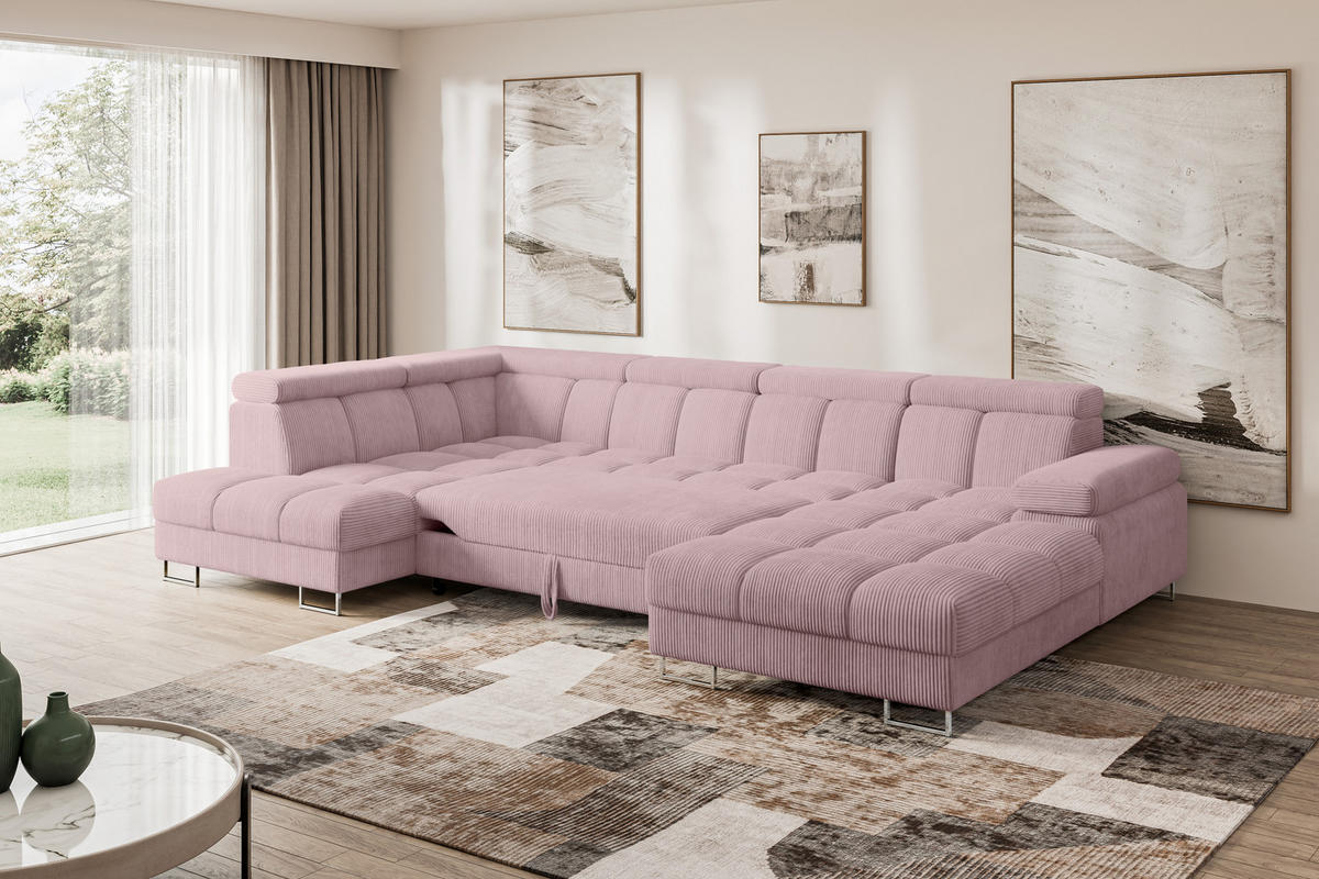 WOHNLANDSCHAFT mit Schlaffunktion und Bettkasten Ottomane Links COMA U 345x203x79 Rosa Cord - Rosa, Holzwerkstoff/Textil (345/79/203cm) - ALTDECOR