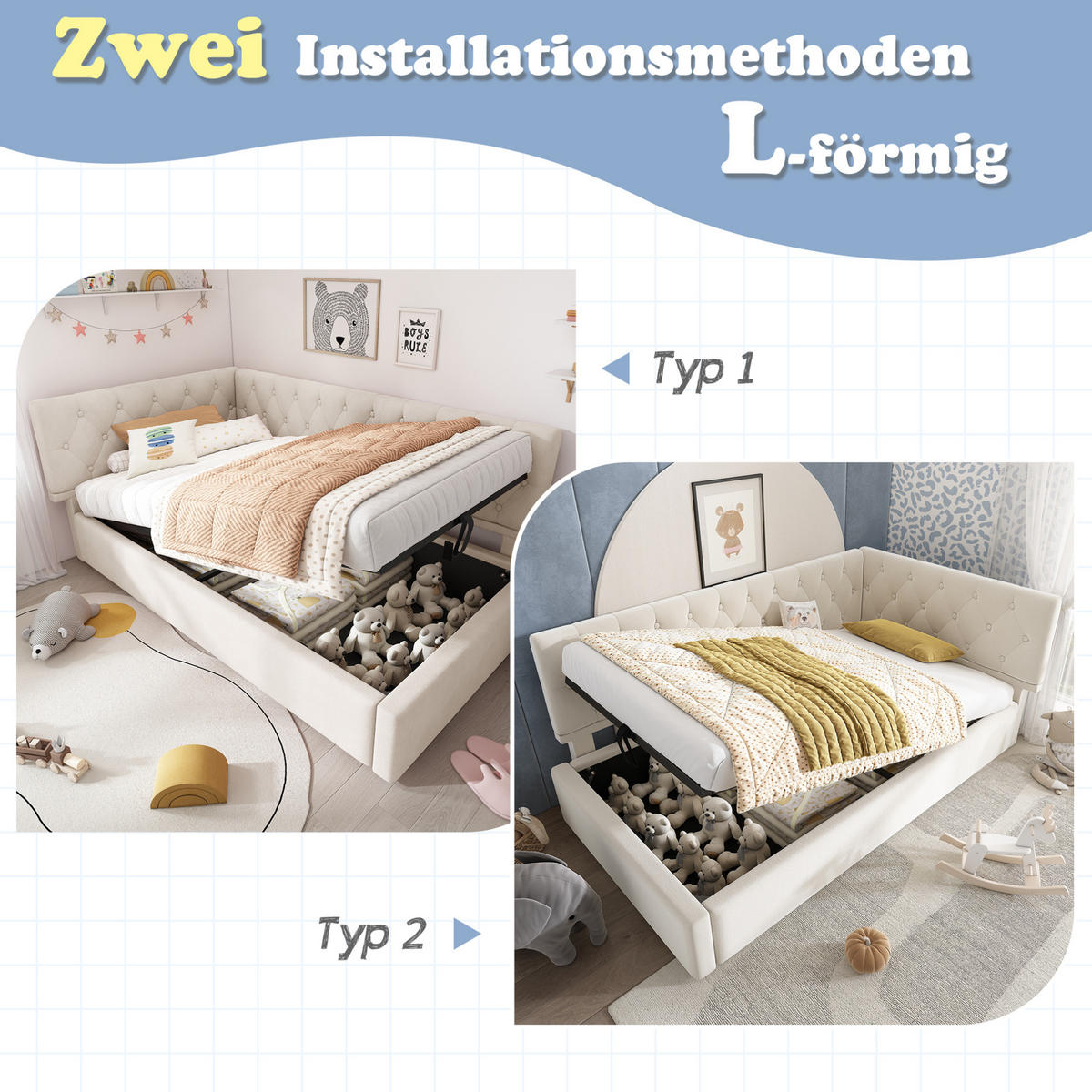 POLSTERBETT 90/200 cm mit hydraulischem Stauraum, flexibel montierbarem Kopfteil und Lattenrost, Beige - Beige, Textil (90/200cm) - Redom