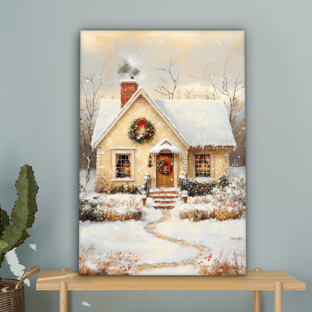 LEINWANDBILD Weihnachten - Zuhause - Winter - Schnee Wanddeko Schlafzimmer 60x90 cm - Creme, Textil (60/90cm) - MuchoWow