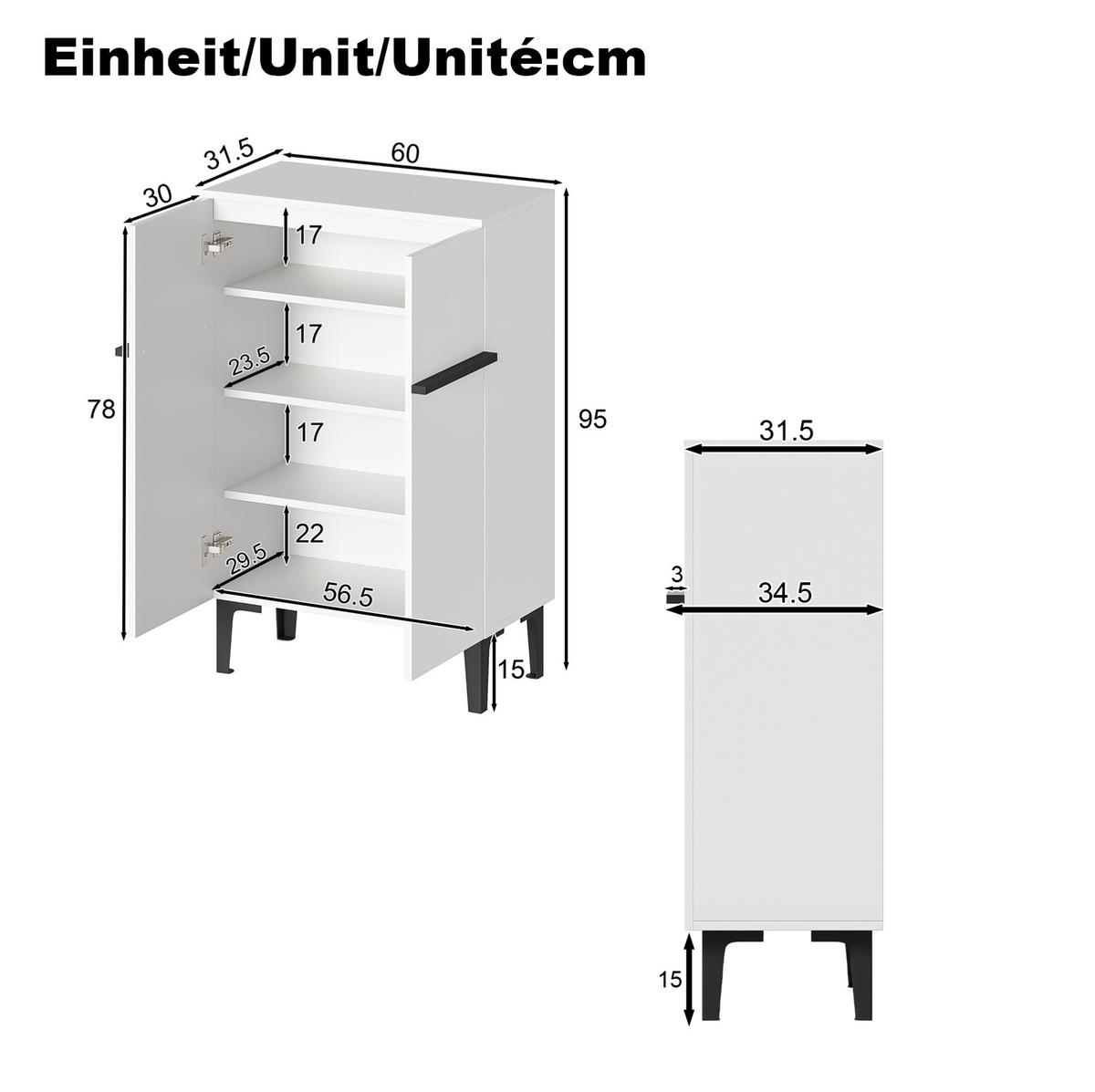 SCHUHSCHRANK 60/34,5/95 cm in Weiß mit Doppeltüren und verstellbaren Einlegeböden - Weiß, Holzwerkstoff (60/95/34.5cm) - Flora Grace
