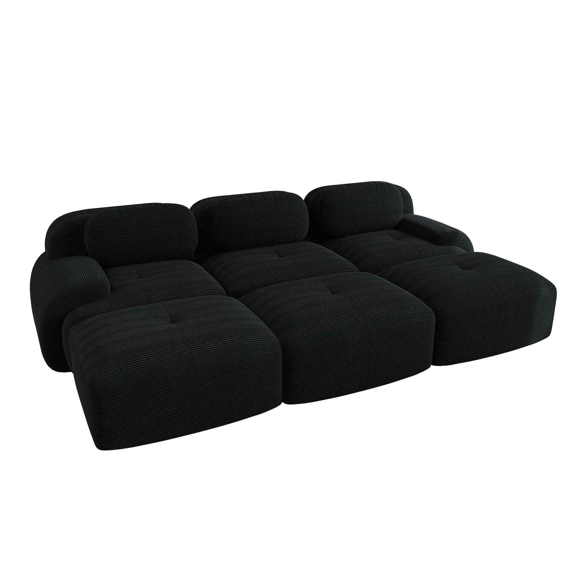 3-SITZER SOFA Cord Schwarz mit 3 Hocker - Schwarz, Textil (298/75/178cm) - WISHDOR