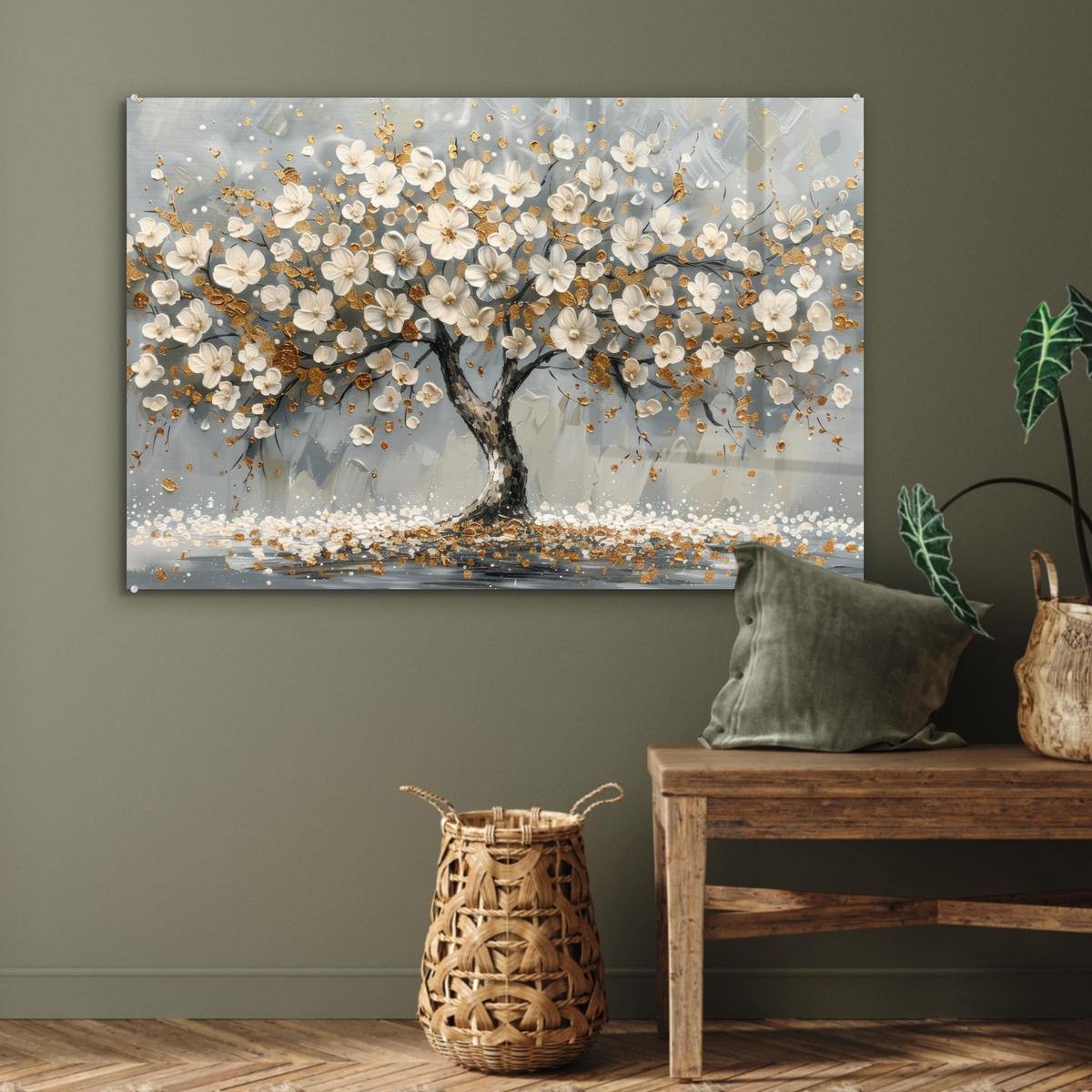 ACRYLGLASBILD Baum - Blumen - Weiß - Natur - Kunst 90x60 cm - Weiß, Glas (90/60cm) - MuchoWow
