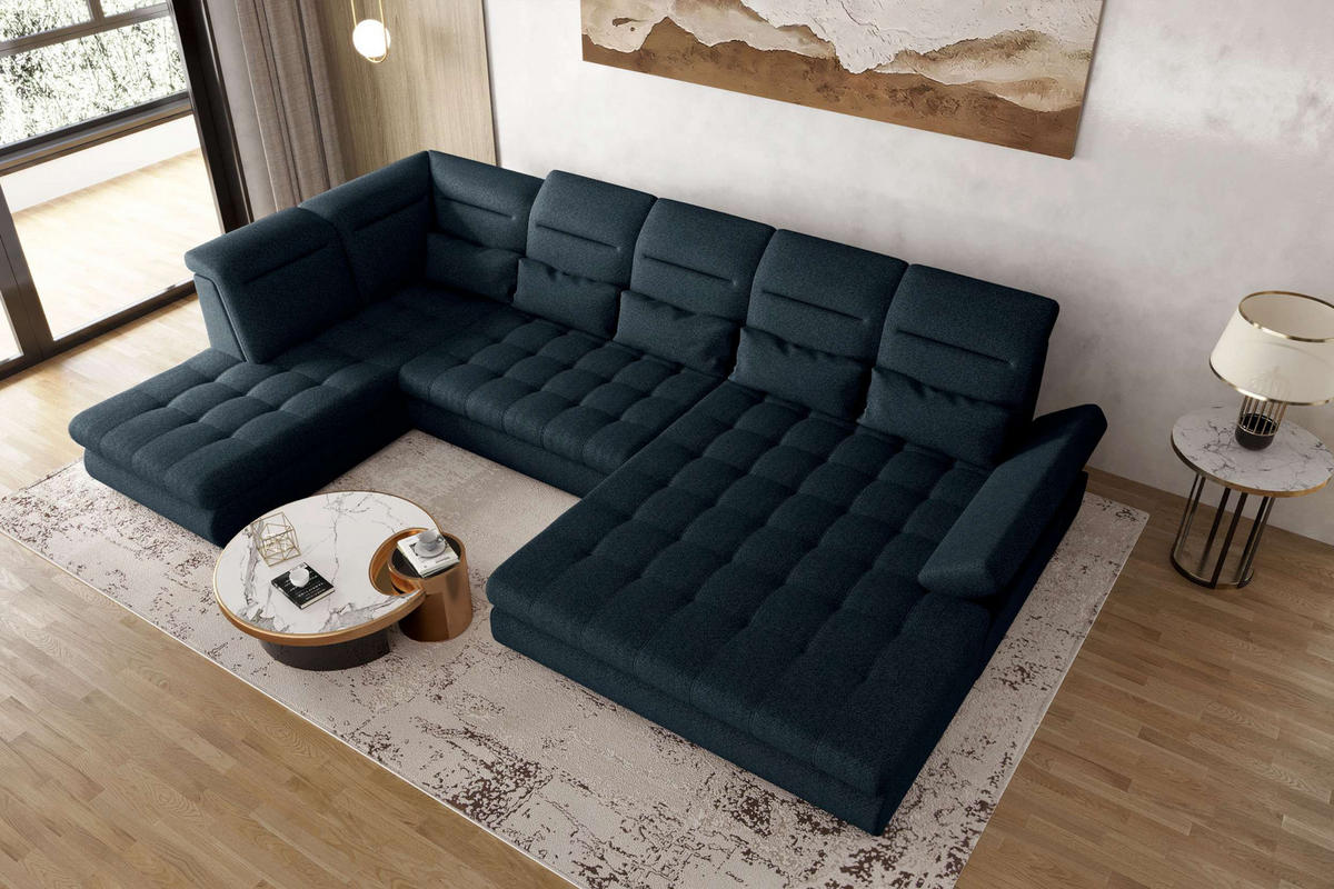 WOHNLANDSCHAFT Toscana Velours inkl. Schlaffunktion - Dunkelblau, Textil (358/87/208cm) - 99rooms