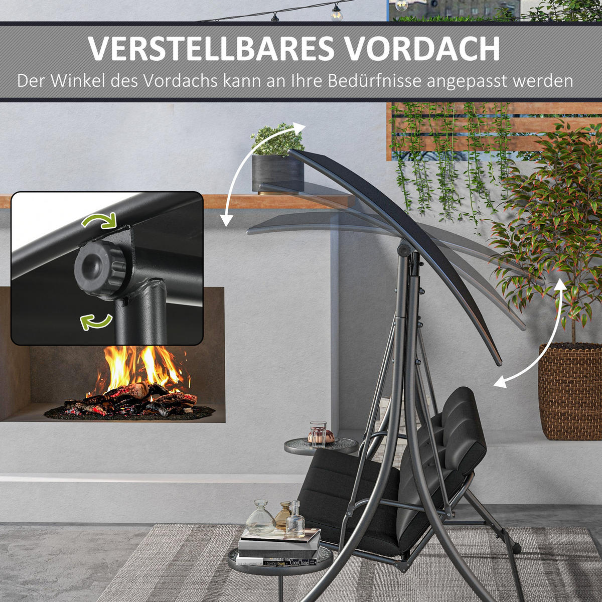 HOLLYWOODSCHAUKEL mit Couchtische 3-Sitzer Gartenschaukel mit Sonnendach Schwarz - Schwarz, Metall (135/177/278cm) - Outsunny