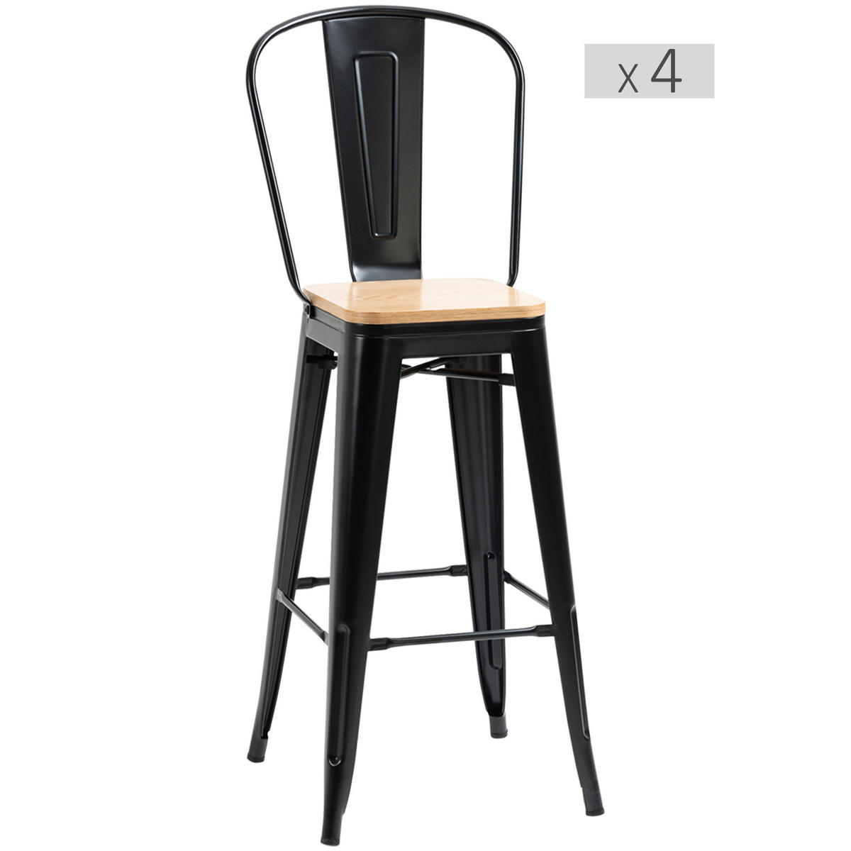 BARHOCKER 4er-Set DE-14705 industriell mit Rückenlehne & Fußstütze Hellholz/Schwarz - Schwarz, Metall (44/118/45cm) - ComfortXL