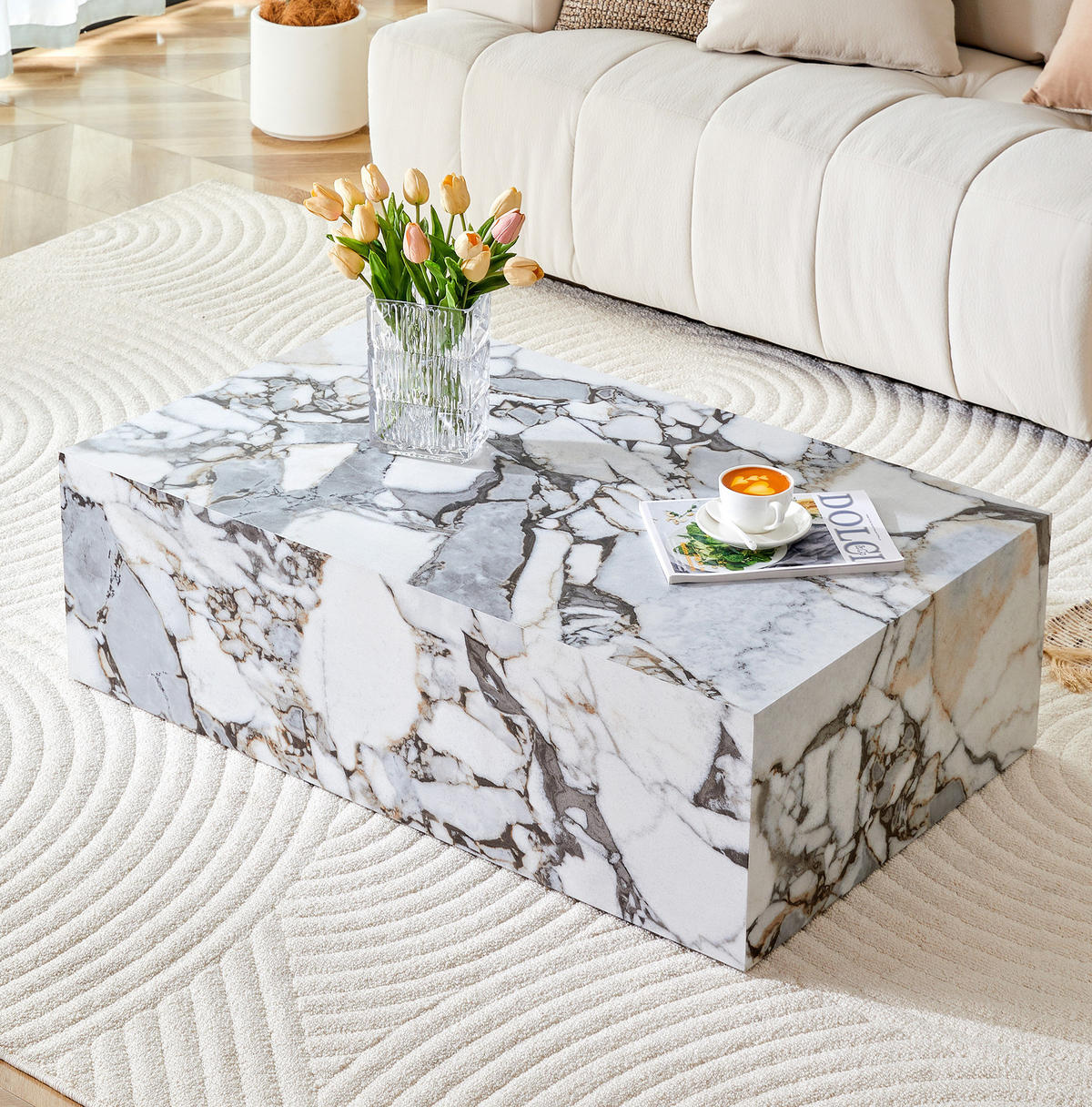 COUCHTISCH aus MDF 90x50x30 cm in Weißer mit Marmorimitat-Textur - Weiß, Holzwerkstoff (90/50/30cm) - Modfu