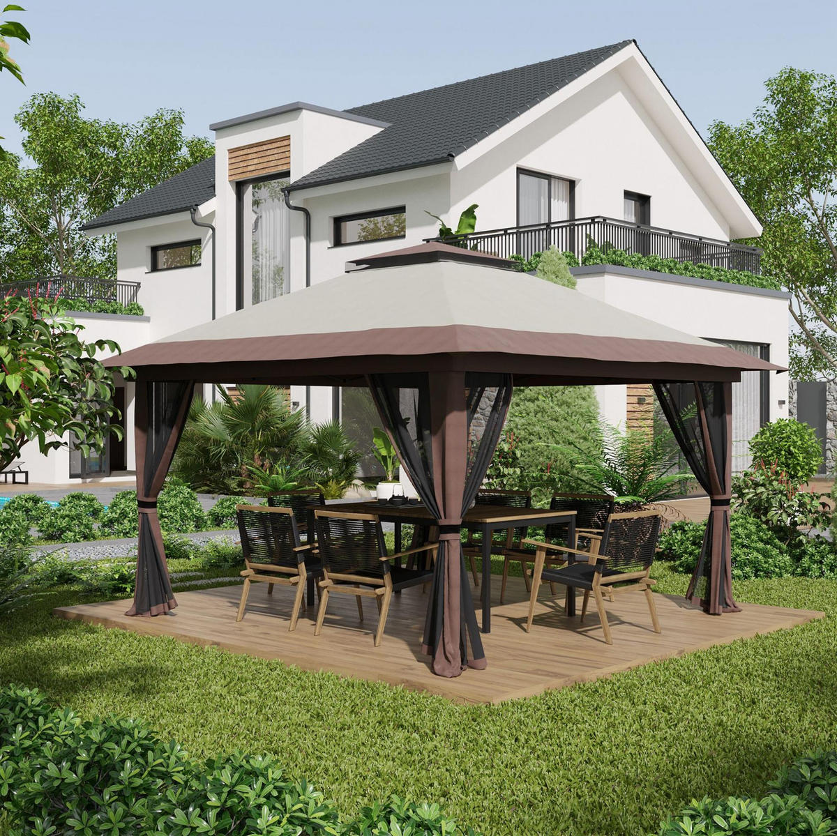 FALTPAVILLON 392/392/283 cm höhenverstellbar mit UV50+ und wasserfestem Dach, Beige - Beige, Textil (392/283/392cm) - Redom