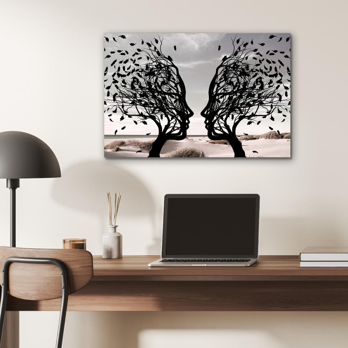 METALLBILD Strand - Meer - Menschen - Baum - Moderne Kunst 60x40 cm - Hellgrau, Metall (60/40cm) - MuchoWow