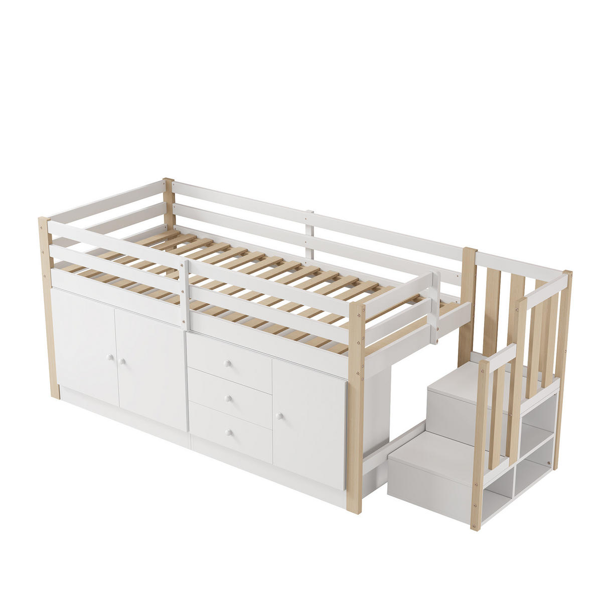 HOCHBETT 90/200 cm Weiß aus MDF mit Treppe und Stauraum - Weiß, Holzwerkstoff (90/200cm) - OKMYHOME