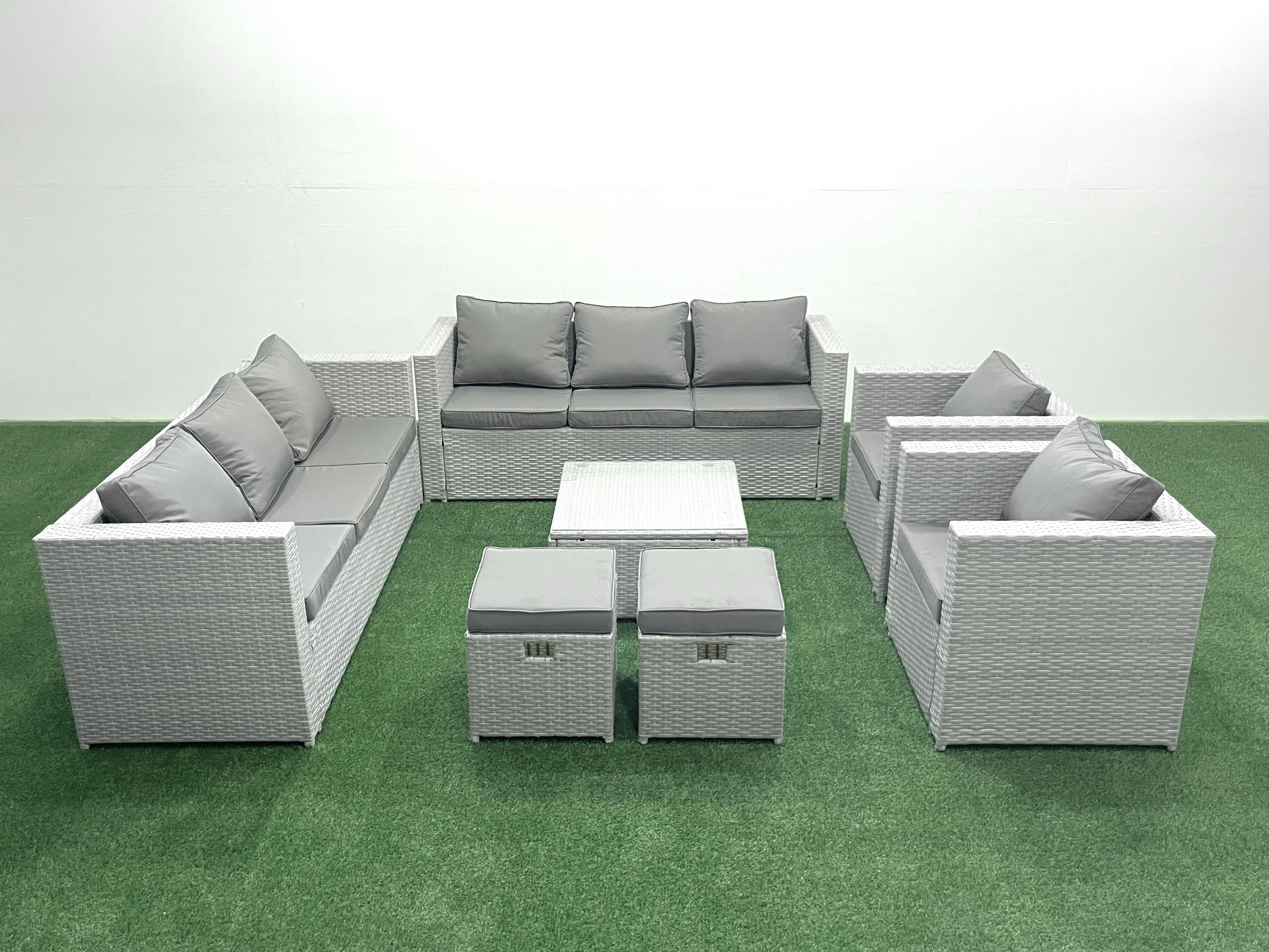 GARTENMÖBEL-SET mit Kissen Polyrattan Hellgrau-Mix 10-Sitzer - Hellgrau/Grau, Glas/Kunststoff - Fimous