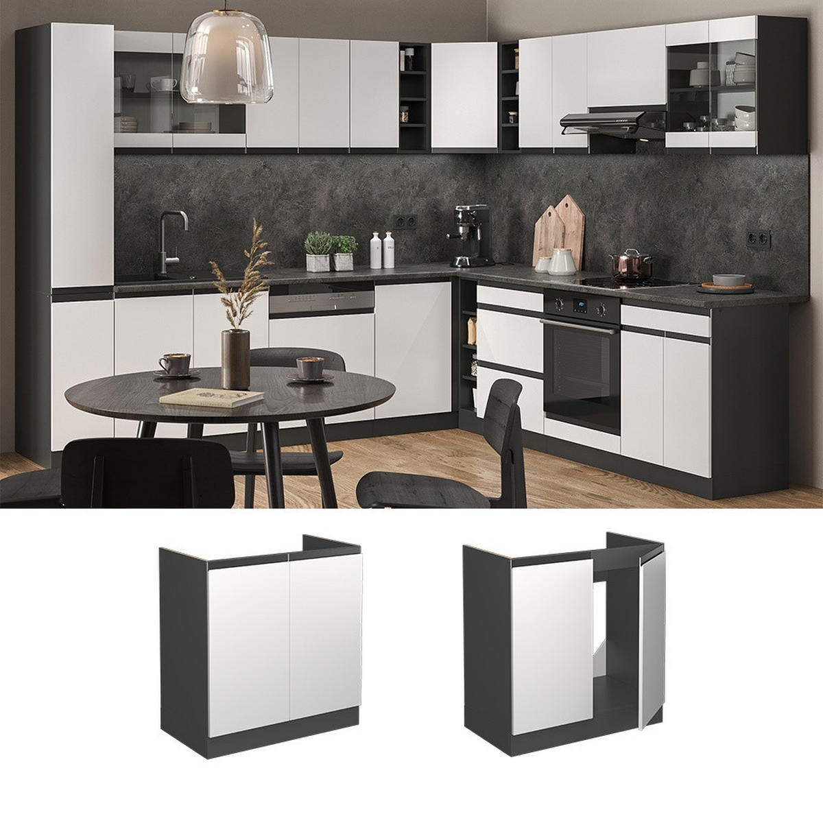 SPÜLENUNTERSCHRANK R-Line Weiß 80 cm J-Shape, AP Anthrazit - Anthrazit/Weiß, Holzwerkstoff (80/81.6/60cm) - Vicco