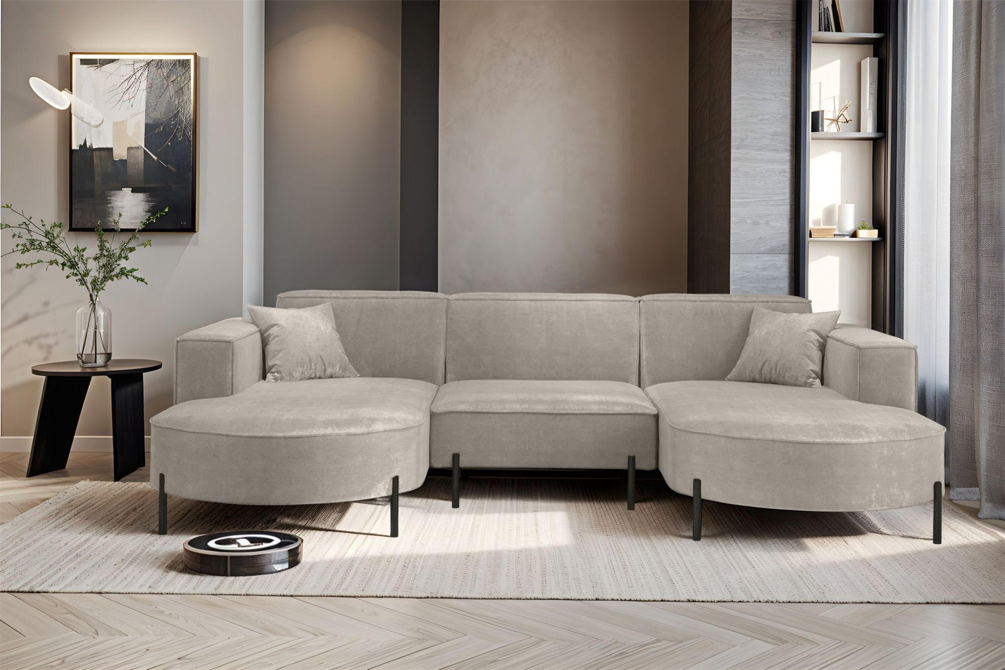 WOHNLANDSCHAFT Valencia - Hellgrau, Holzwerkstoff/Textil (299/80/165cm) - Fun Möbel