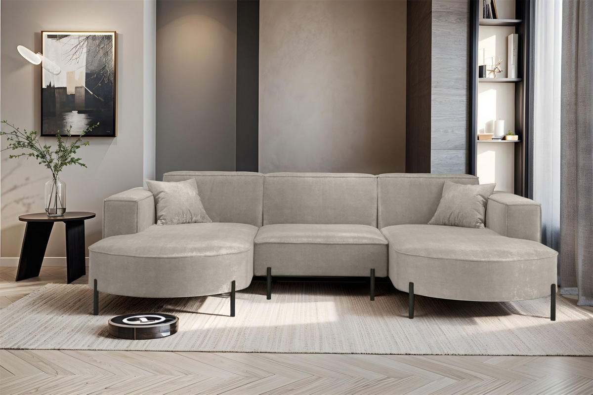 WOHNLANDSCHAFT Valencia - Hellgrau, Holzwerkstoff/Textil (299/80/165cm) - Fun Möbel