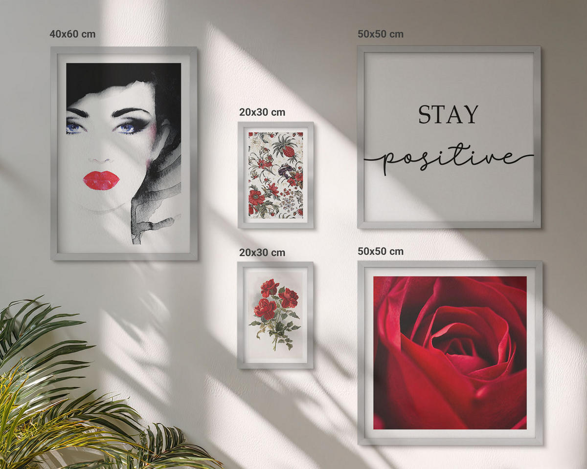 WANDBILDER 5er Set - 50x50 cm & 20x30 cm & 40x60 cm Silberner Rahmen - Inschrift mit roten Rosen - Silberfarben, Kunststoff (40/60cm) - ArtPrintCave