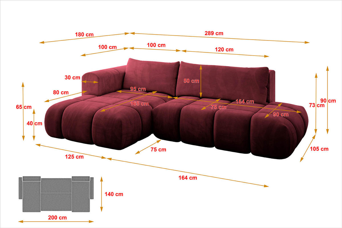 ECKSOFA Ottomane Links CLOUD-L 289x180x40 Bordeaux Velours - Bordeaux, Holzwerkstoff/Kunststoff (180/289cm) - ALTDECOR