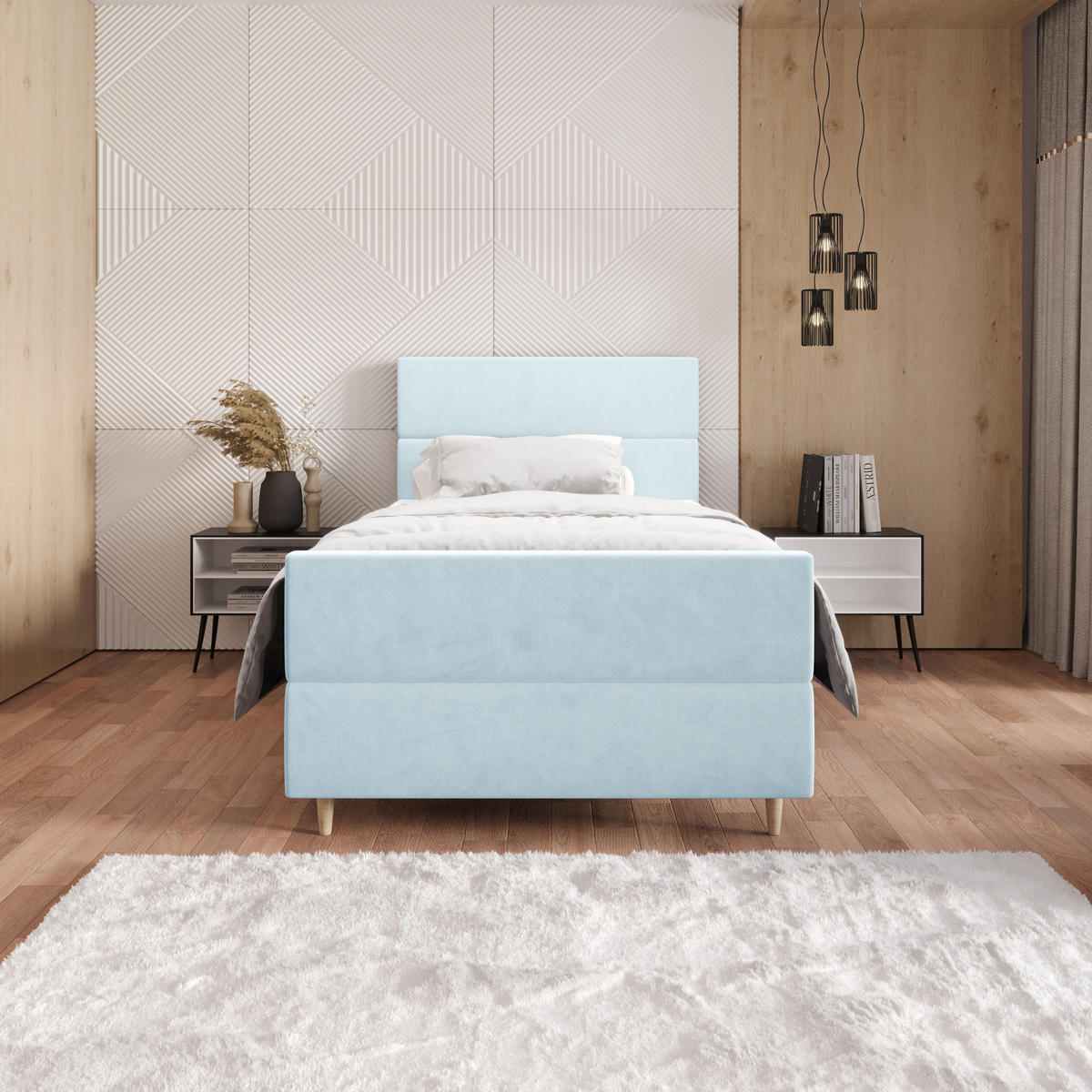 BOXBETT FLO PLUS 90x200 Itaka 13, mit Matratze H3, Bonell und Topper, Hellblau - Hellblau, Holz/Textil (90/200cm) - Bedante
