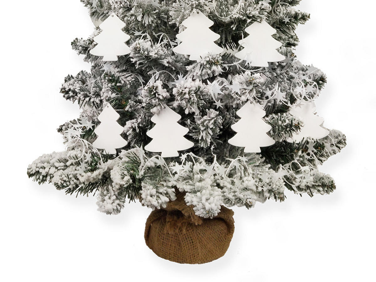 WEIHNACHTSBAUM künstlicher 60 cm mit LED-Beleuchtung, SCHNEEWALD, mit 23 Weihnachtsbaumschmuck, Pflanztopf mit Jutesack - Silberfarben/Weiß, Kunststoff/Stein (40/60cm) - LAALU