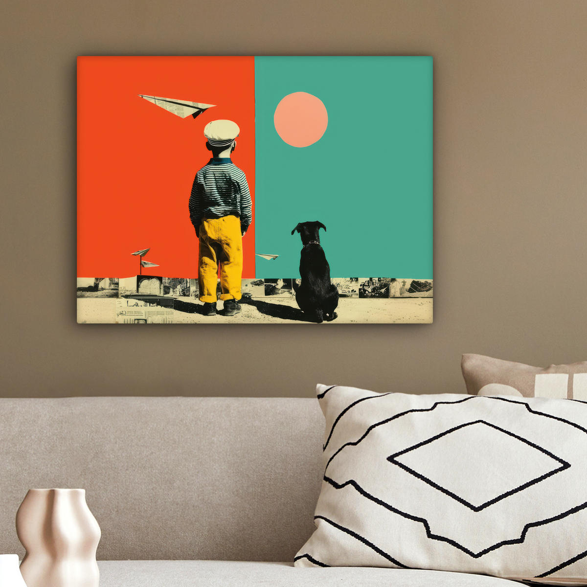 LEINWANDBILD Retro - Junge - Hund - Rot - Grün Wandbild 40x30 cm - Orange, Textil (40/30cm) - MuchoWow