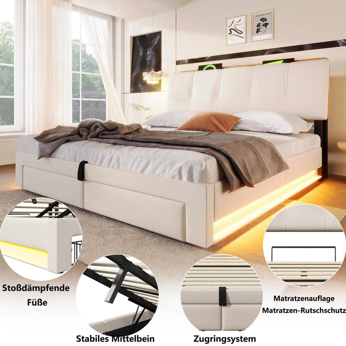 POLSTERBETT 140/200 cm aus Leinen und MDF mit LED-Beleuchtung USB Typ-C und Stauraum Beige - Beige, Textil (140/200cm) - Modenvie