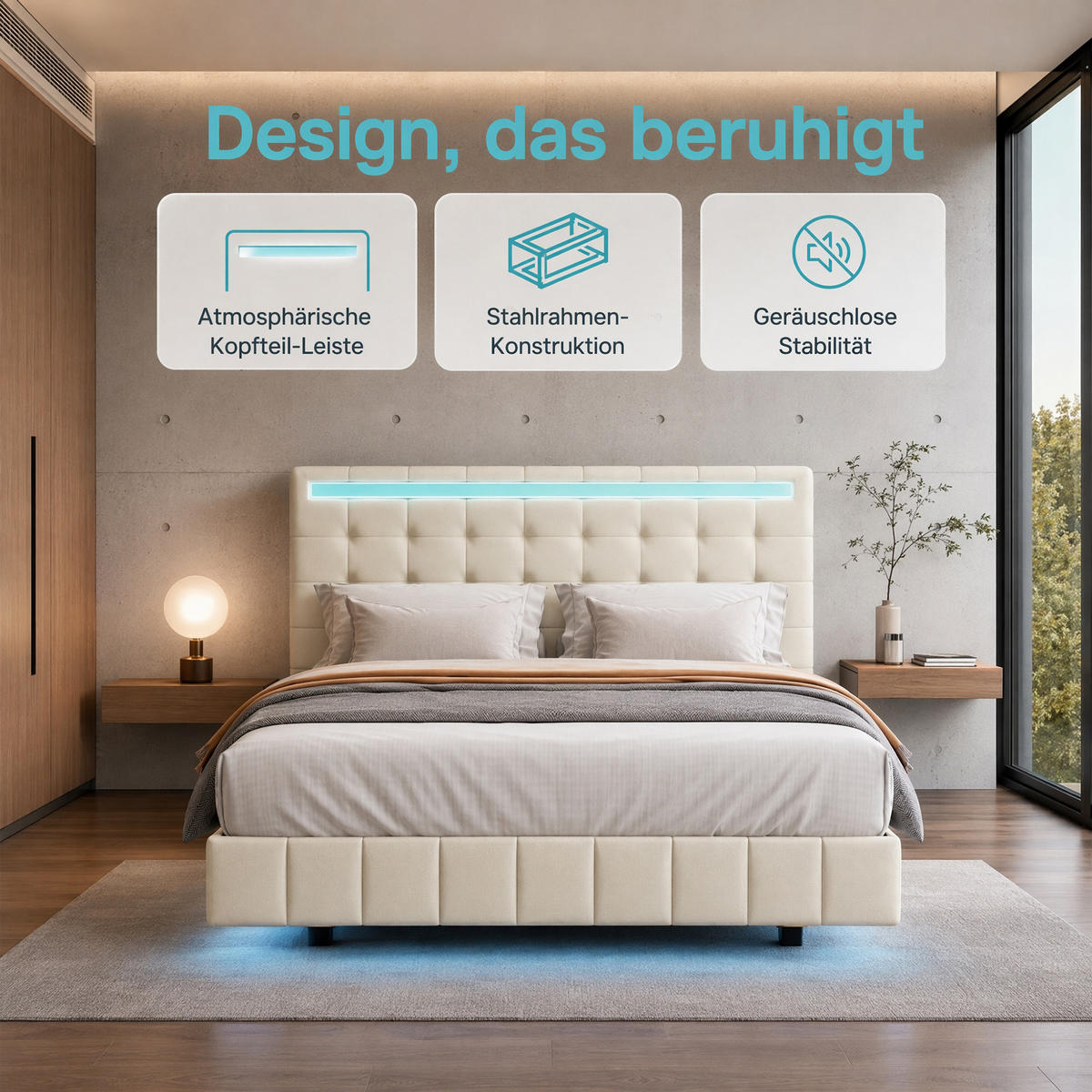 BETT 160x200 cm mit LED und USB, Doppelbett 160x200 cm mit Lattenrost, schwebendes Design, Leinenbezug Beige - Beige, Holz/Textil (160/200cm) - GENKI LIVING