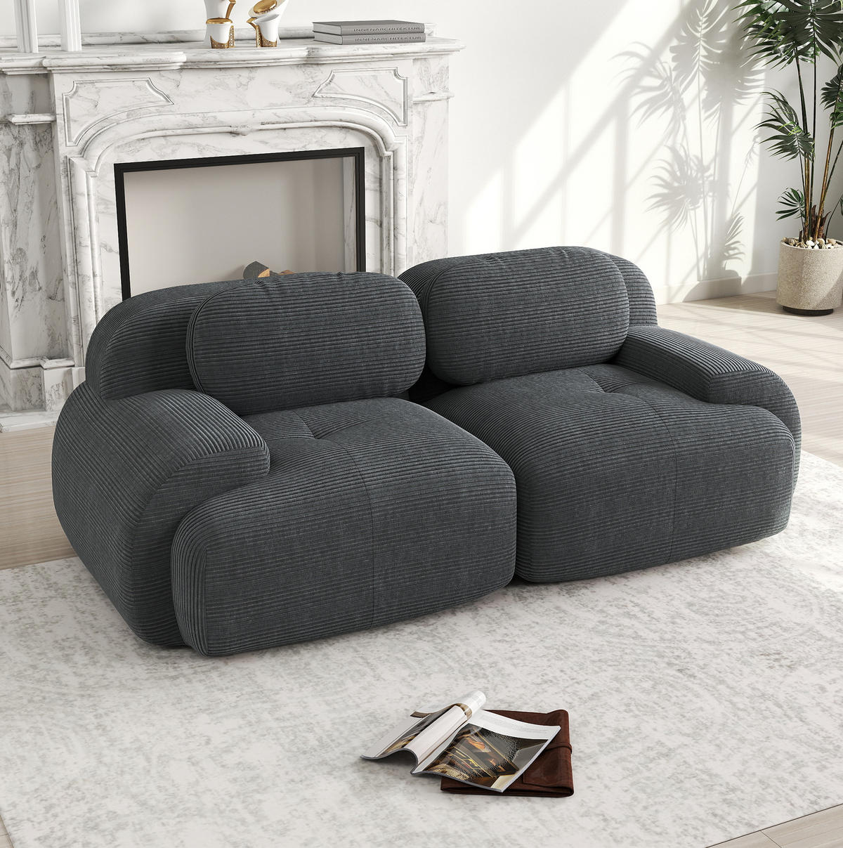 ECKSOFA modular rahmenlos mit geschwungenen Armlehnen und rutschfester Unterseite, Grau - Grau, Textil (208/103cm) - Redom